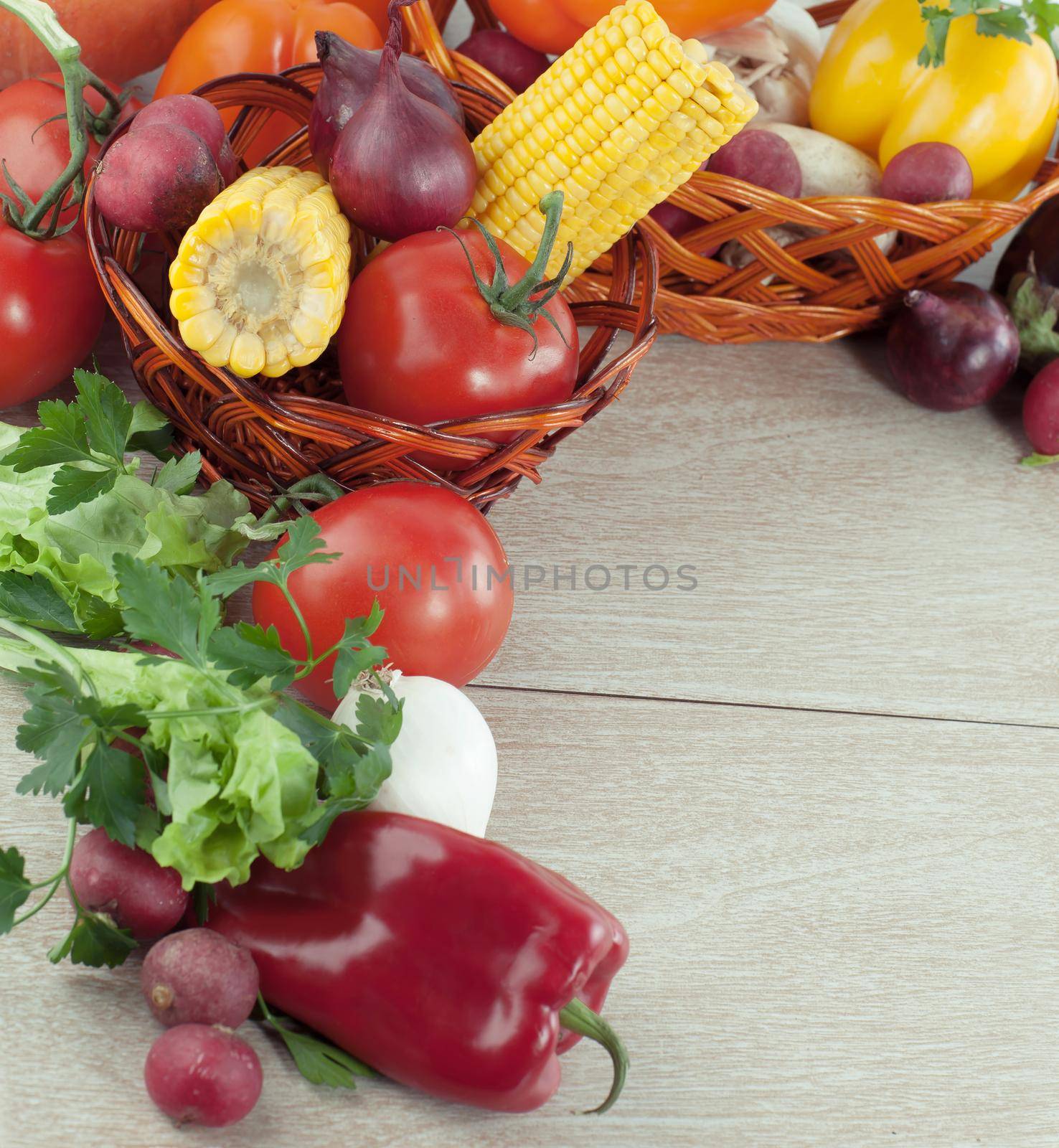 frame of fresh vegetables on a wooden background.photo with copy space.