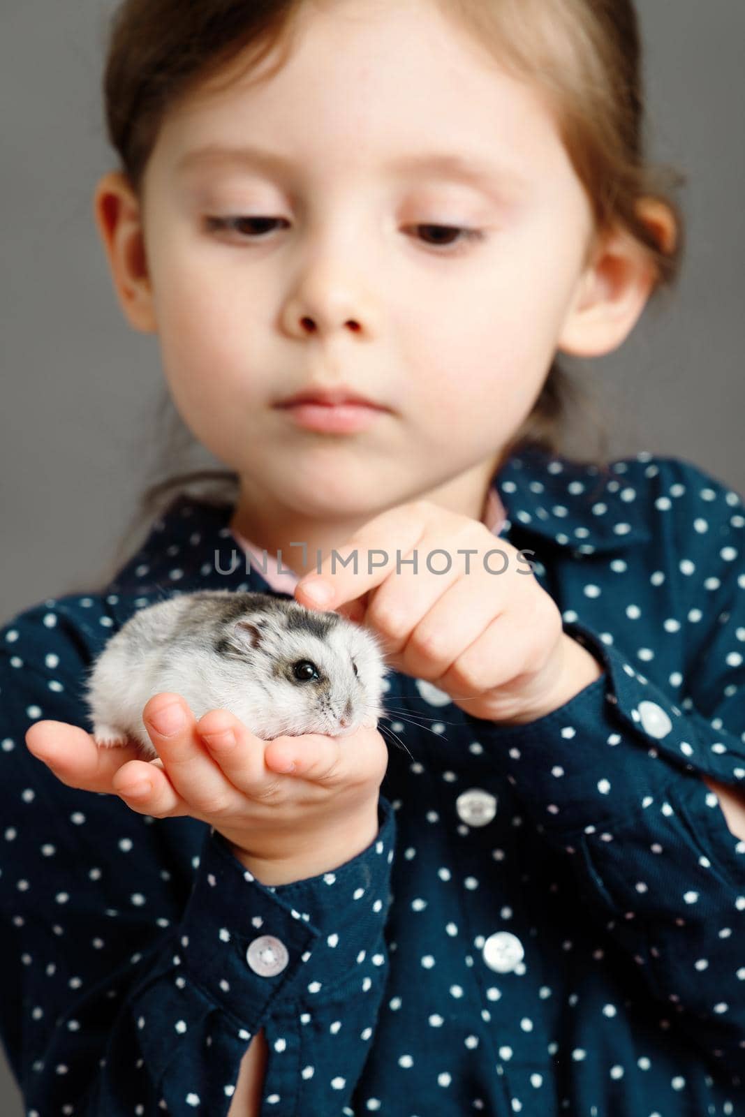 Little cute girl holding her hamster in palms. Selective soft focus. Vertical