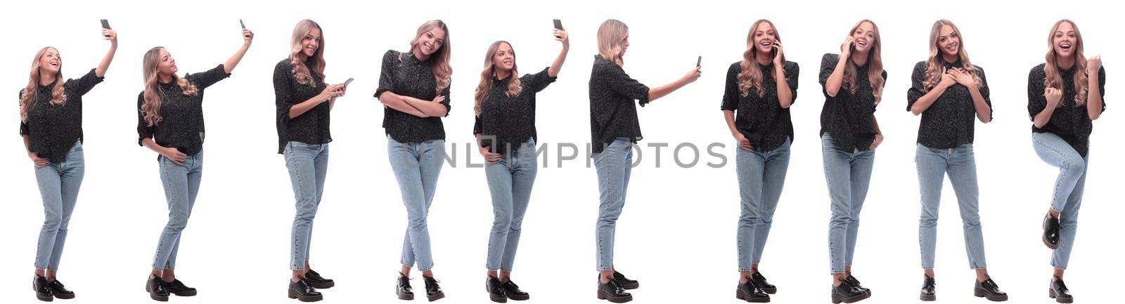 photo collage of a modern young woman with a smartphone. isolated on a white background