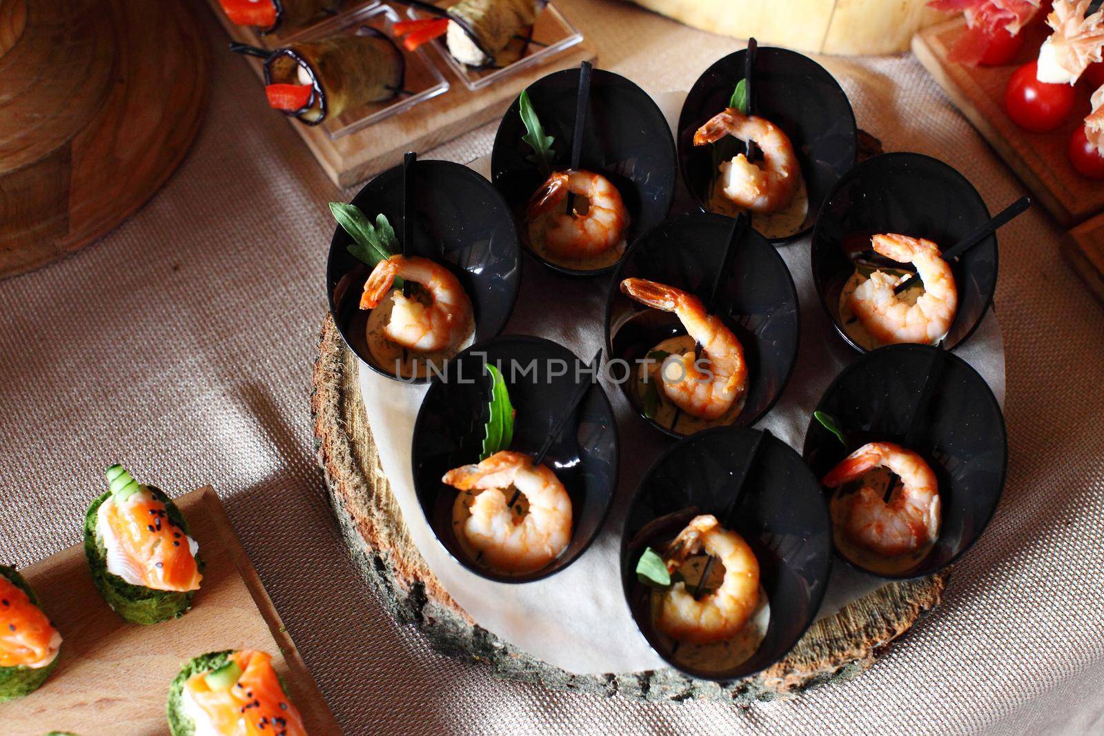 Creative Cuisine Appetizer Shrimp Seafood. Shrimp appetizers during a party.