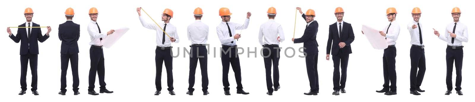 panoramic photo collage of confident architect isolated on white background