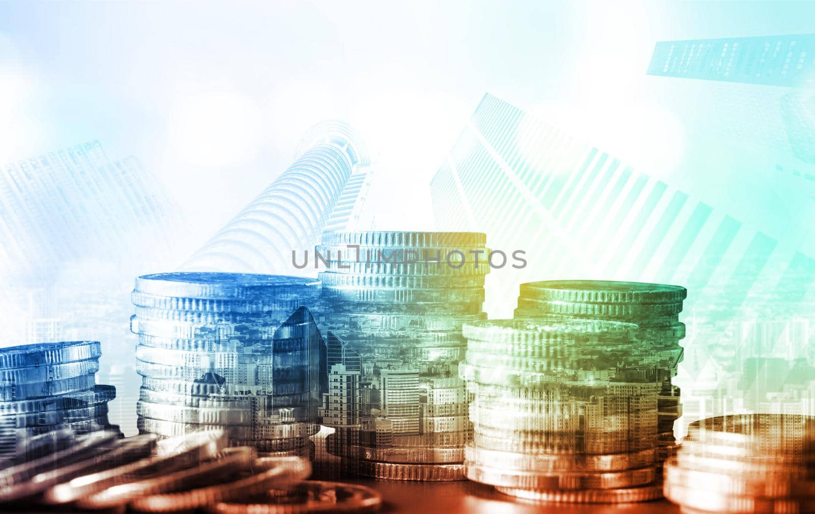 Finance and money technology background concept of business prosperity and asset management . Creative graphic show economy and financial growth by investment in valuable asset to gain wealth profit .
