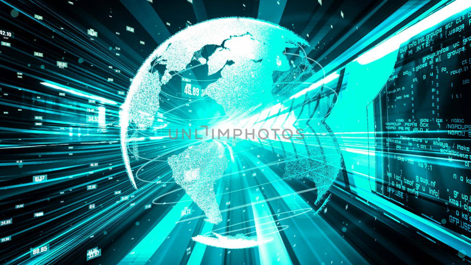 Futuristic global network and tacit digital data transfer 3D graphic . Concept of smart digital transformation and technology disruption that changes global trends in new information era .