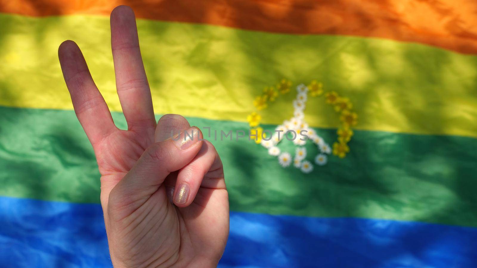 Symbol of peace Hand gesture on rainbow LGBT flag background in pride month of dignity and diversity. Close up, copy space, paste text, sunny summer day.