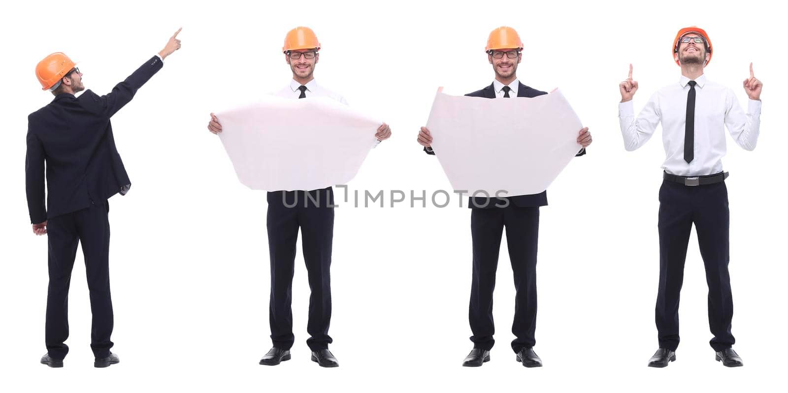 panoramic photo collage of qualified architect isolated on white background