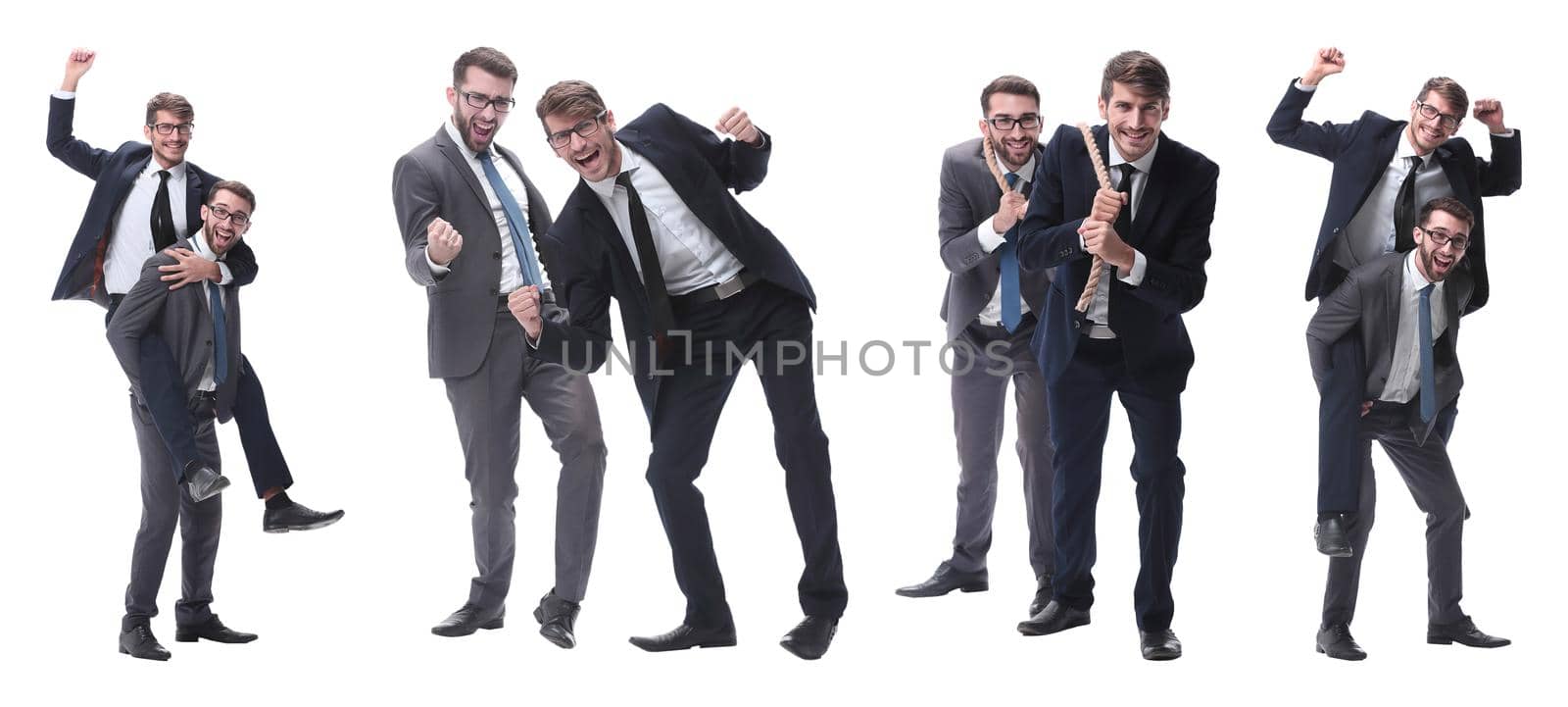 smiling businessman sitting on the back of his colleague . isolated on white background.