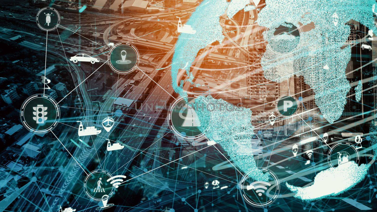 Smart transport technology concept for future car traffic on newish city road . Virtual intelligent system makes digital information analysis to connect data of vehicle on city street .