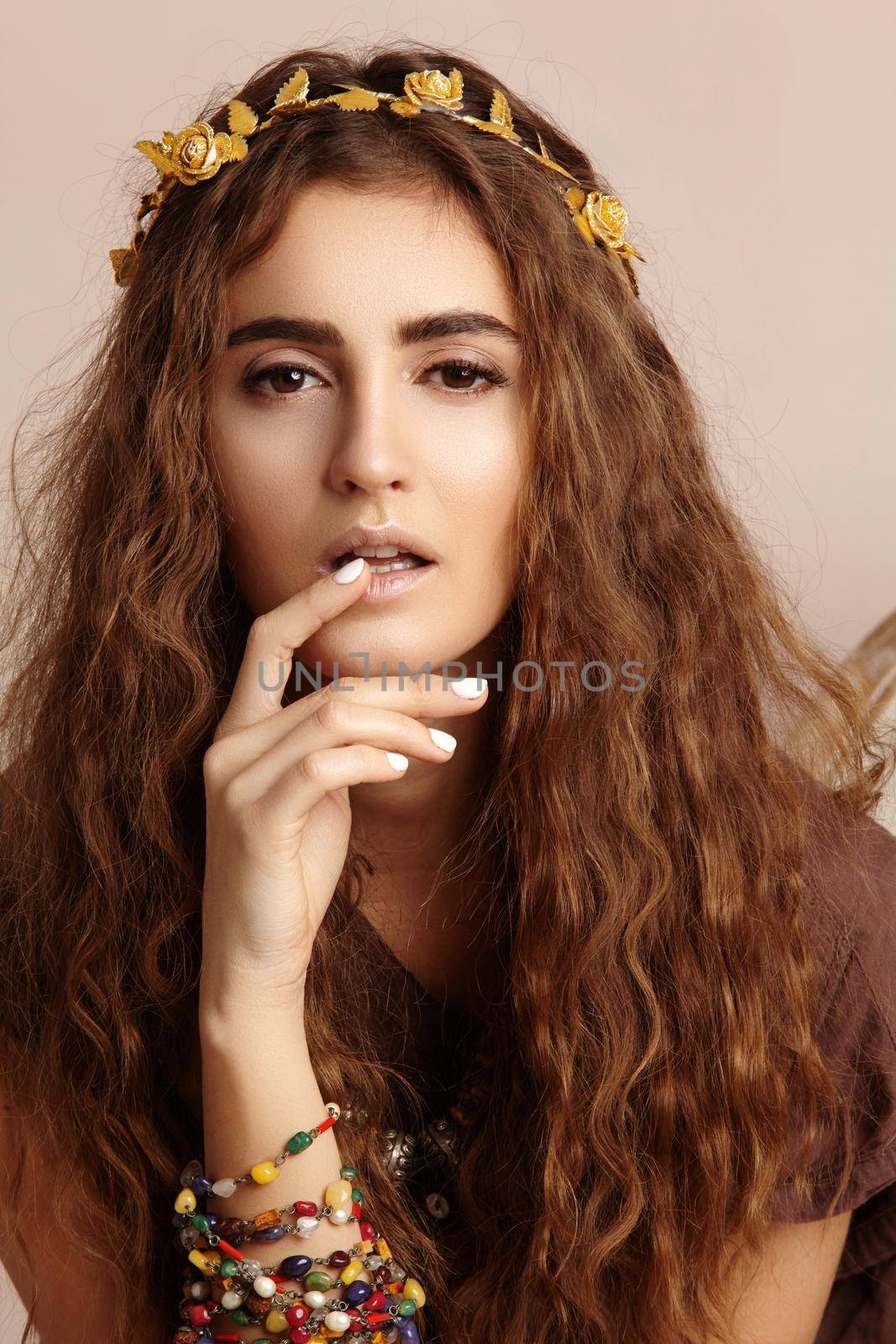Beautiful Woman. Curly Long Hair. Fashion Model. Healthy Wavy Hairstyle. Accessories. Autumn Wreath, Gold Floral Crown by MarinaFrost