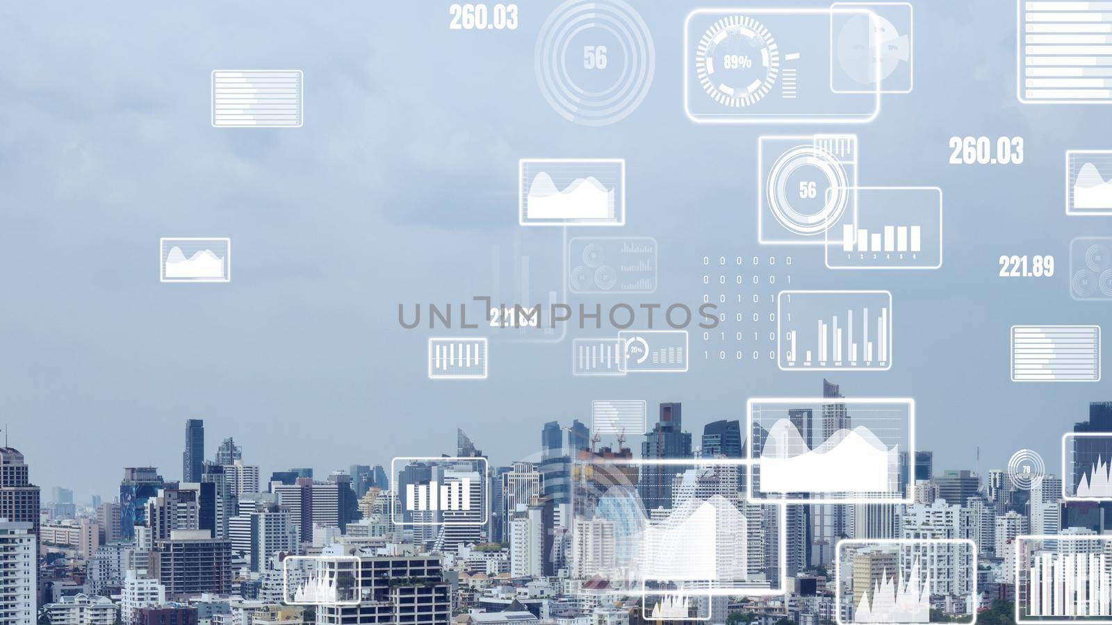Business data analytic interface fly over smart city showing alteration future of business intelligence. Computer software and artificial intelligence are used to analyze big data for strategic plan .