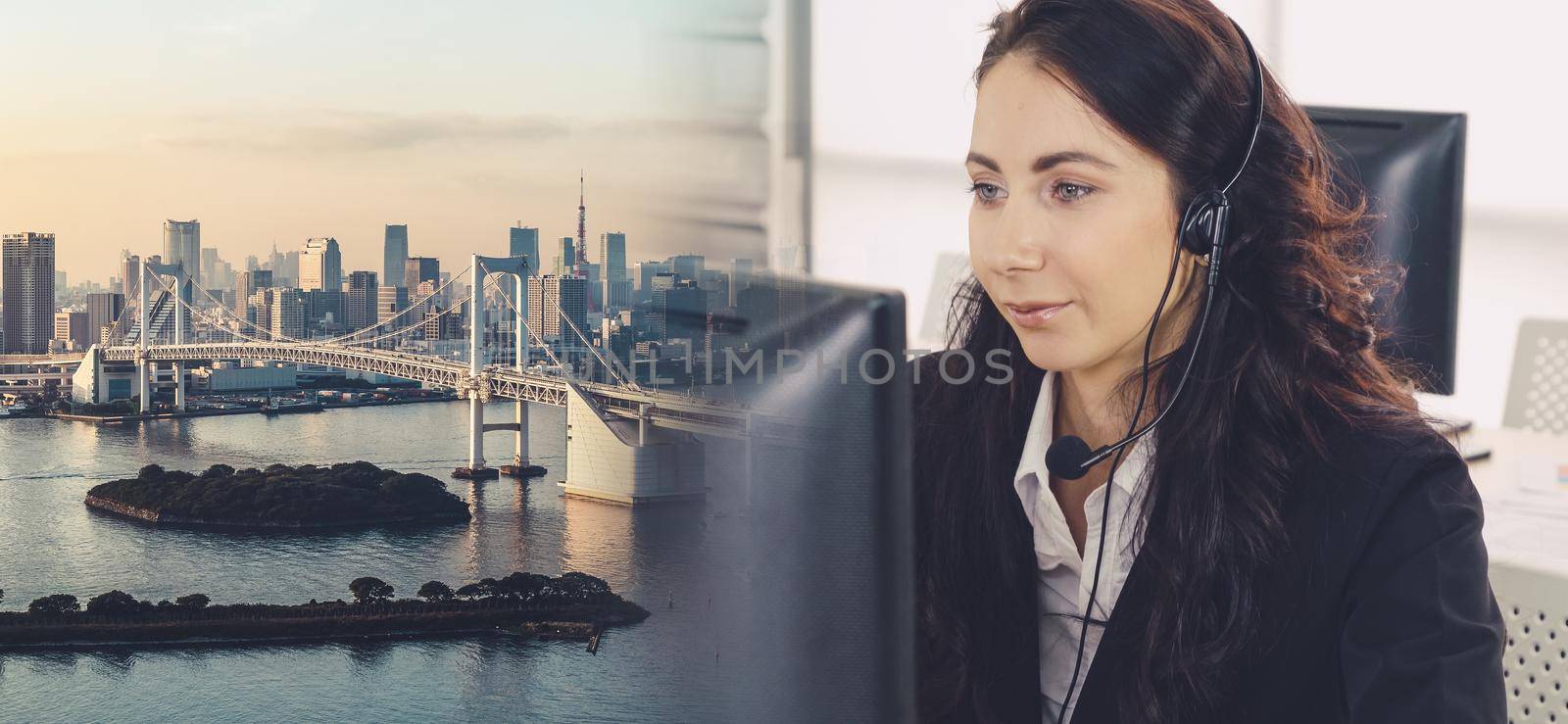 Business people wearing headset working in office broaden view by biancoblue