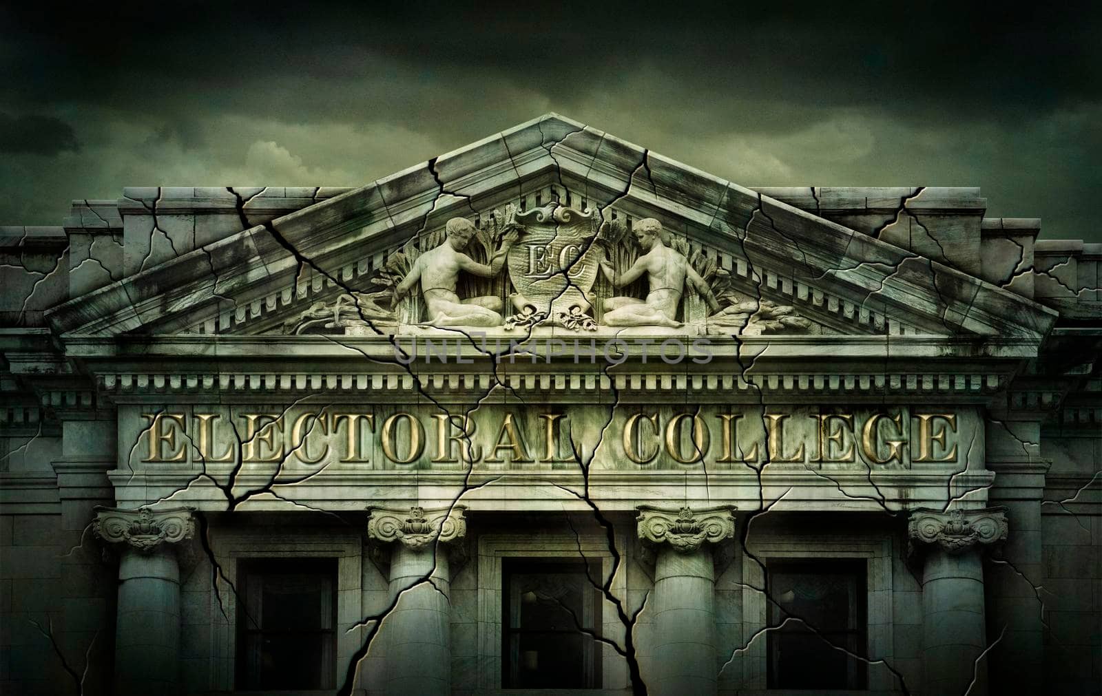 Electoral College presented as a real college building with cracks in the walls. 3D and Photo Illustration