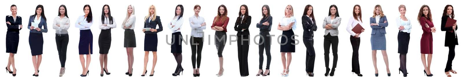 group of successful young businesswoman standing in a row by asdf