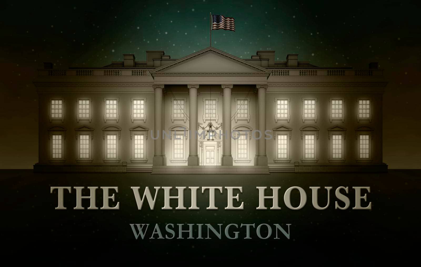 North view of the White House against a starry sky with the words, THE WHITE HOUSE, WASHINGTON. Bright light seen through windows. 3D Illustration