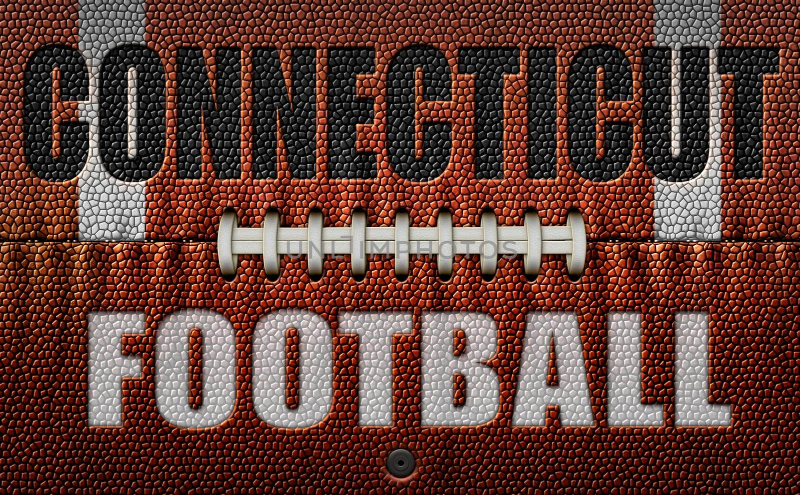 The words, Connecticut Football, embossed onto a football flattened into two dimensions. 3D Illustration