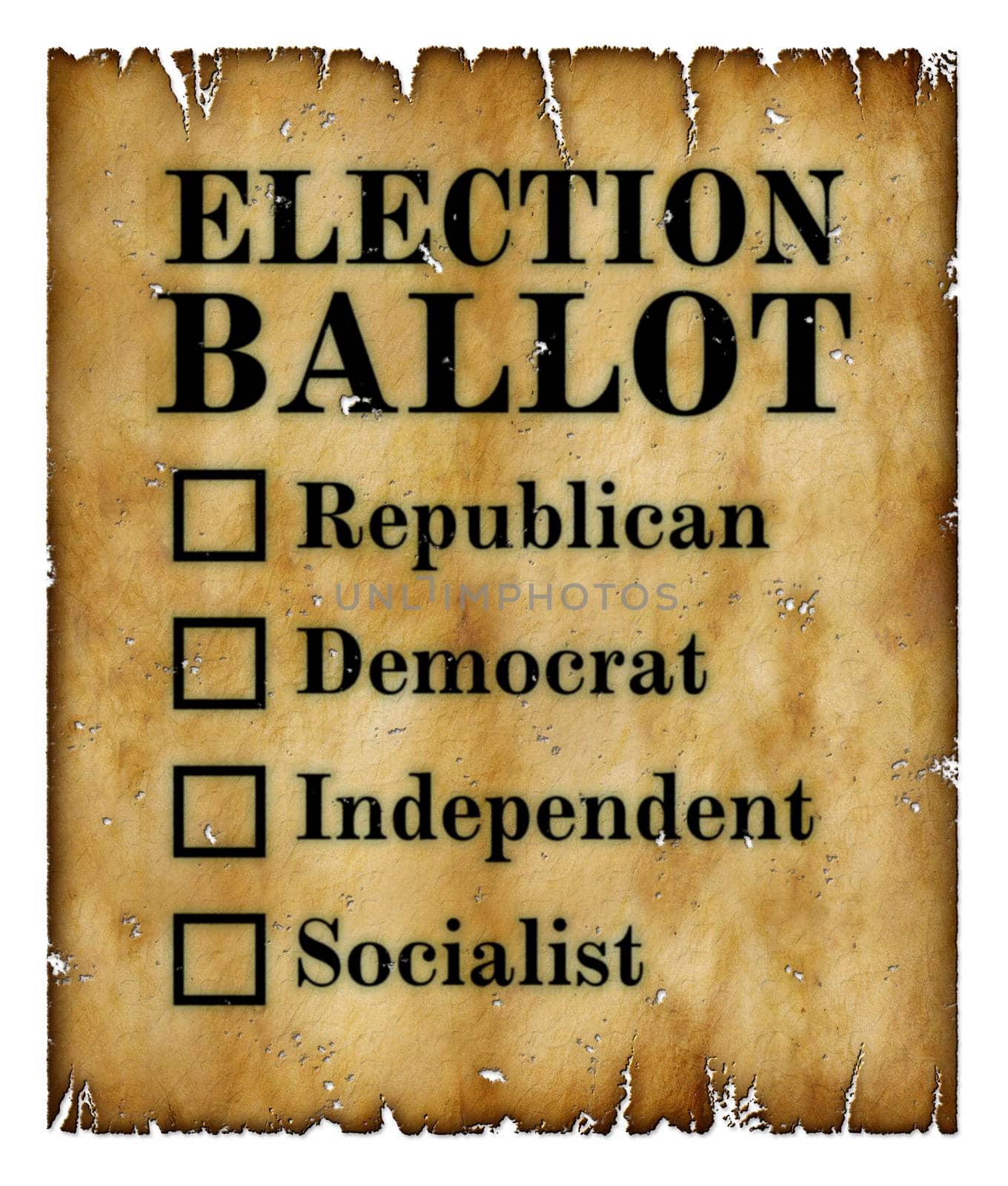 An old yellowed and tattered election ballot with check boxes next to Republican, Democrat, Independent, and Socialist. 3D Illustration