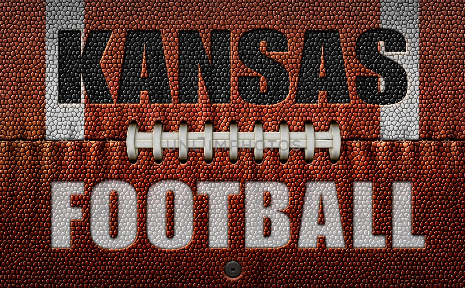 The words, Kansas Football, embossed onto a football flattened into two dimensions. 3D Illustration