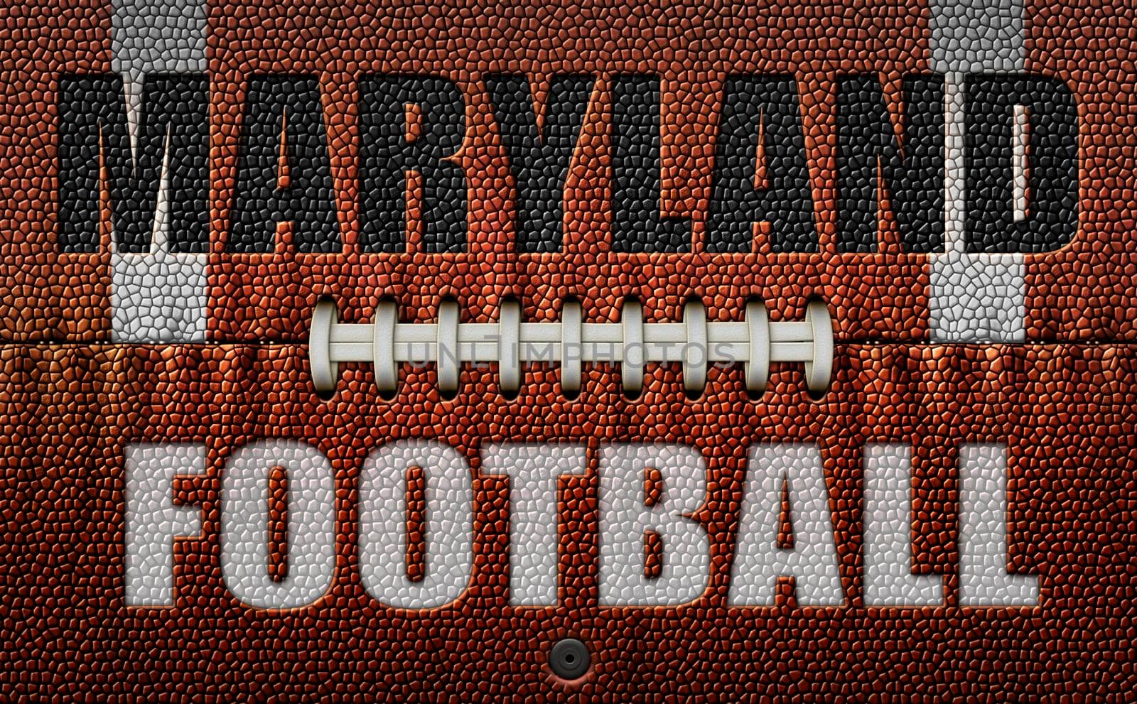 The words, Maryland Football, embossed onto a football flattened into two dimensions. 3D Illustration