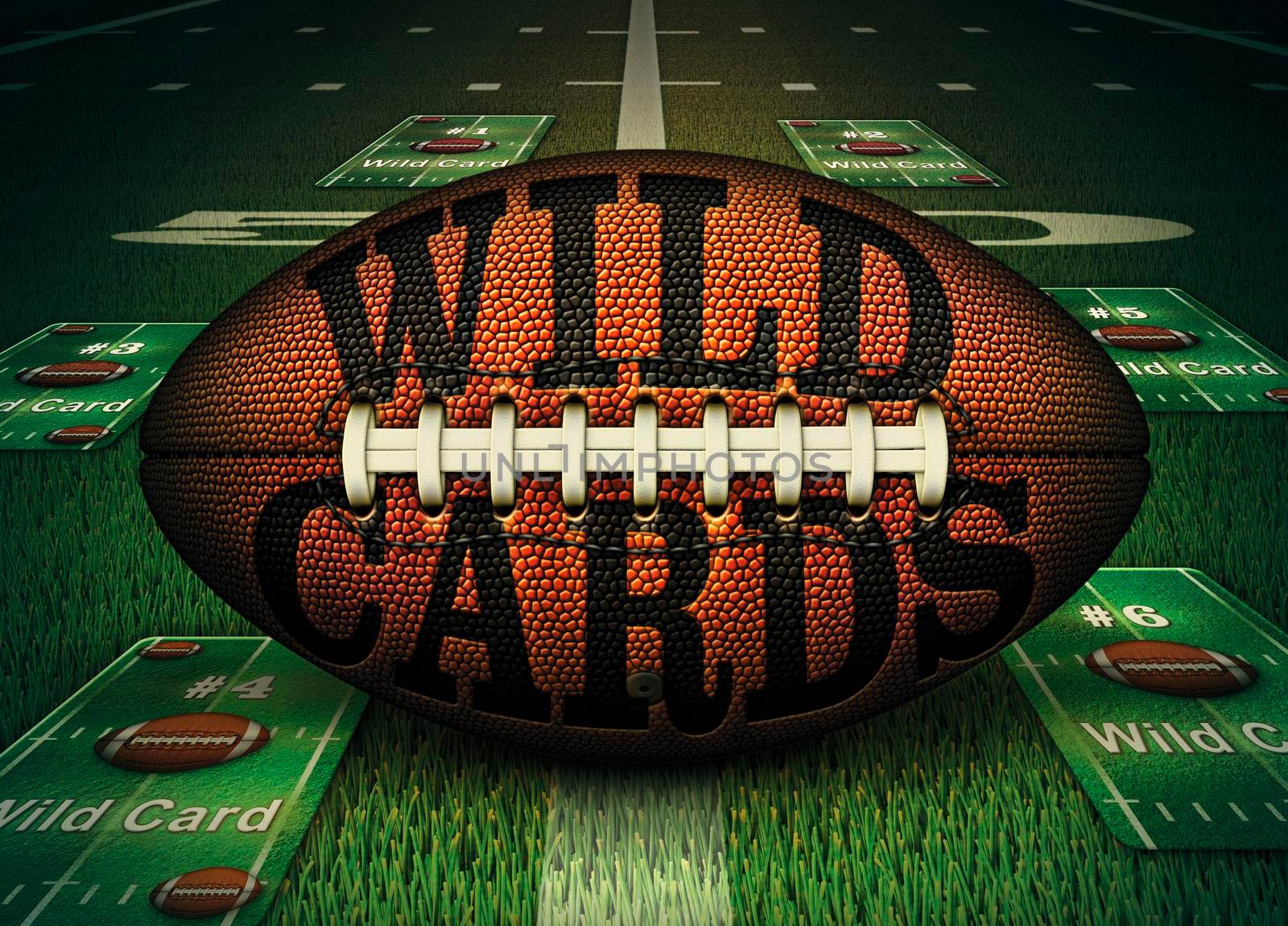 Football with WILD CARDS embossed onto it and wild card trading cards laying on the field. 3D Illustration
