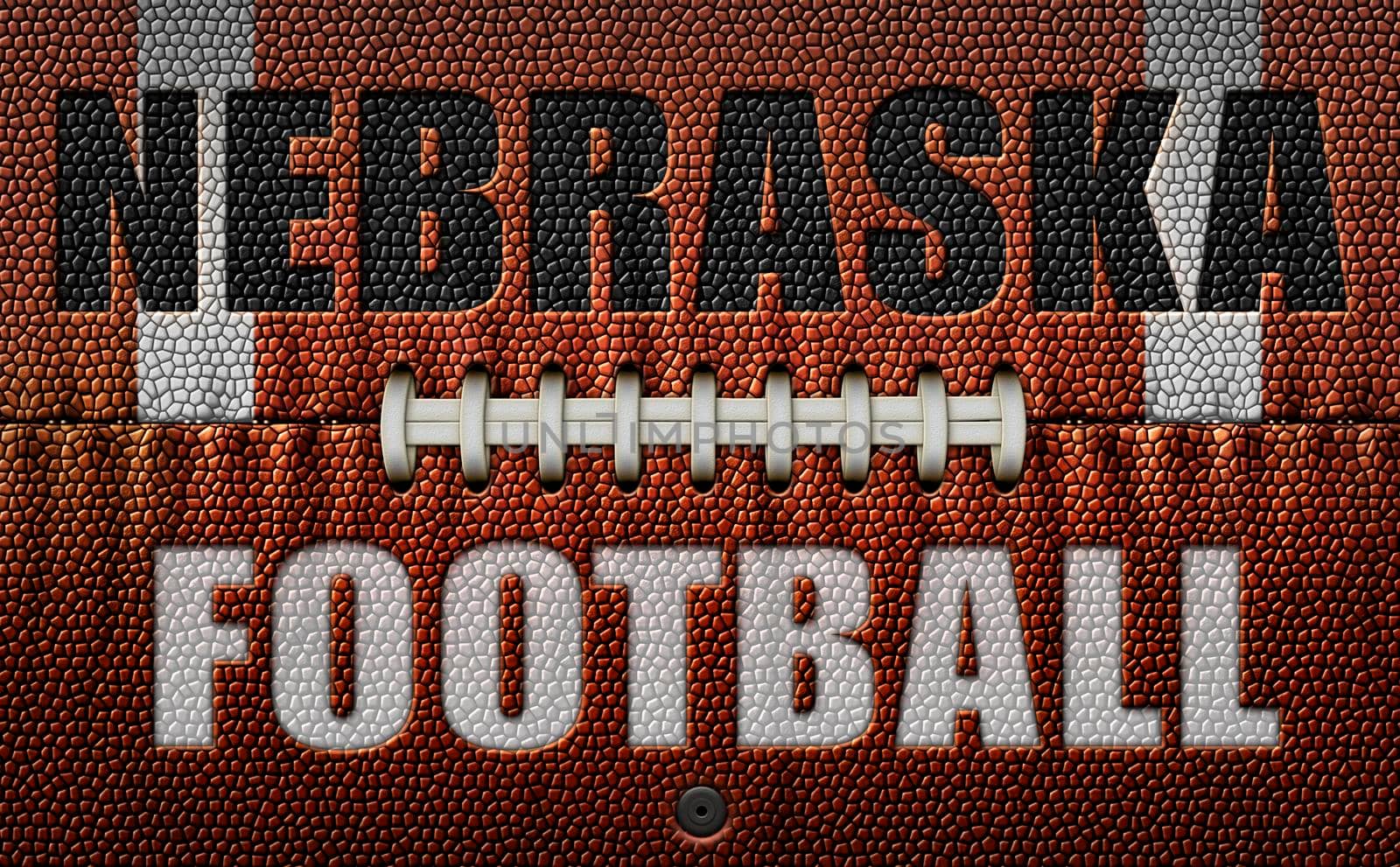 The words, Nebraska Football, embossed onto a football flattened into two dimensions. 3D Illustration