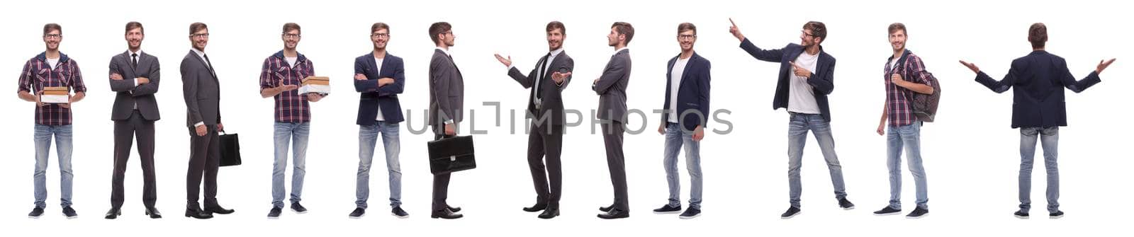 panoramic collage of self-motivated young man .isolated on white background