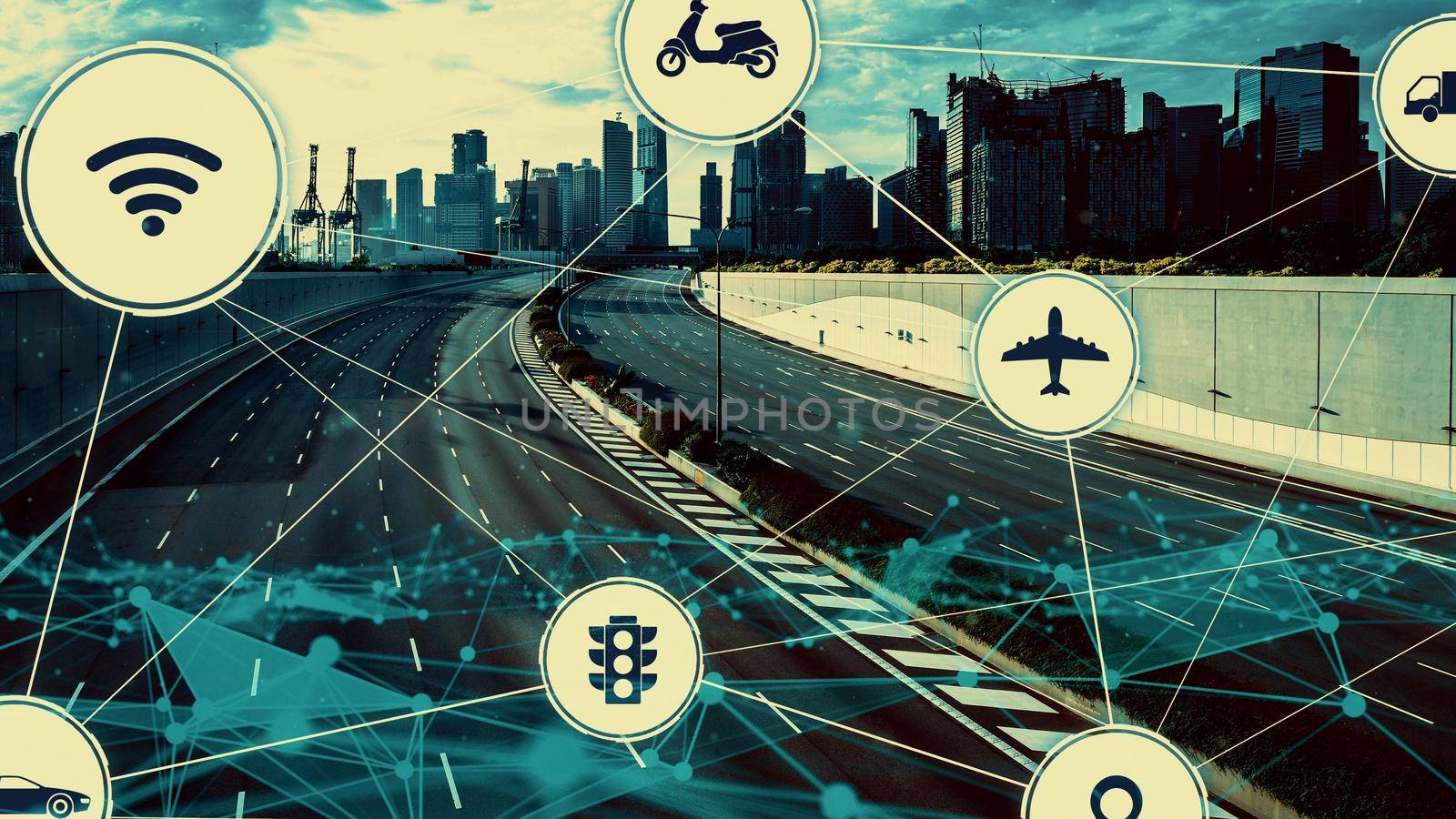 Smart transport technology concept for future car traffic on newish city road . Virtual intelligent system makes digital information analysis to connect data of vehicle on city street .