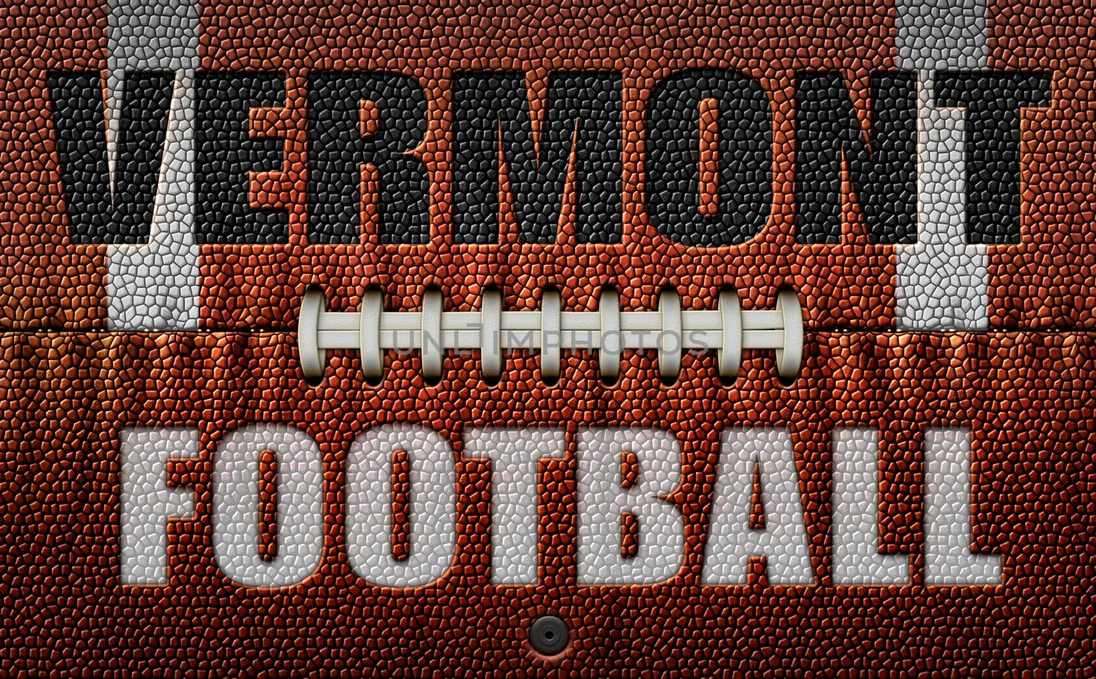 The words, Vermont Football, embossed onto a football flattened into two dimensions. 3D Illustration