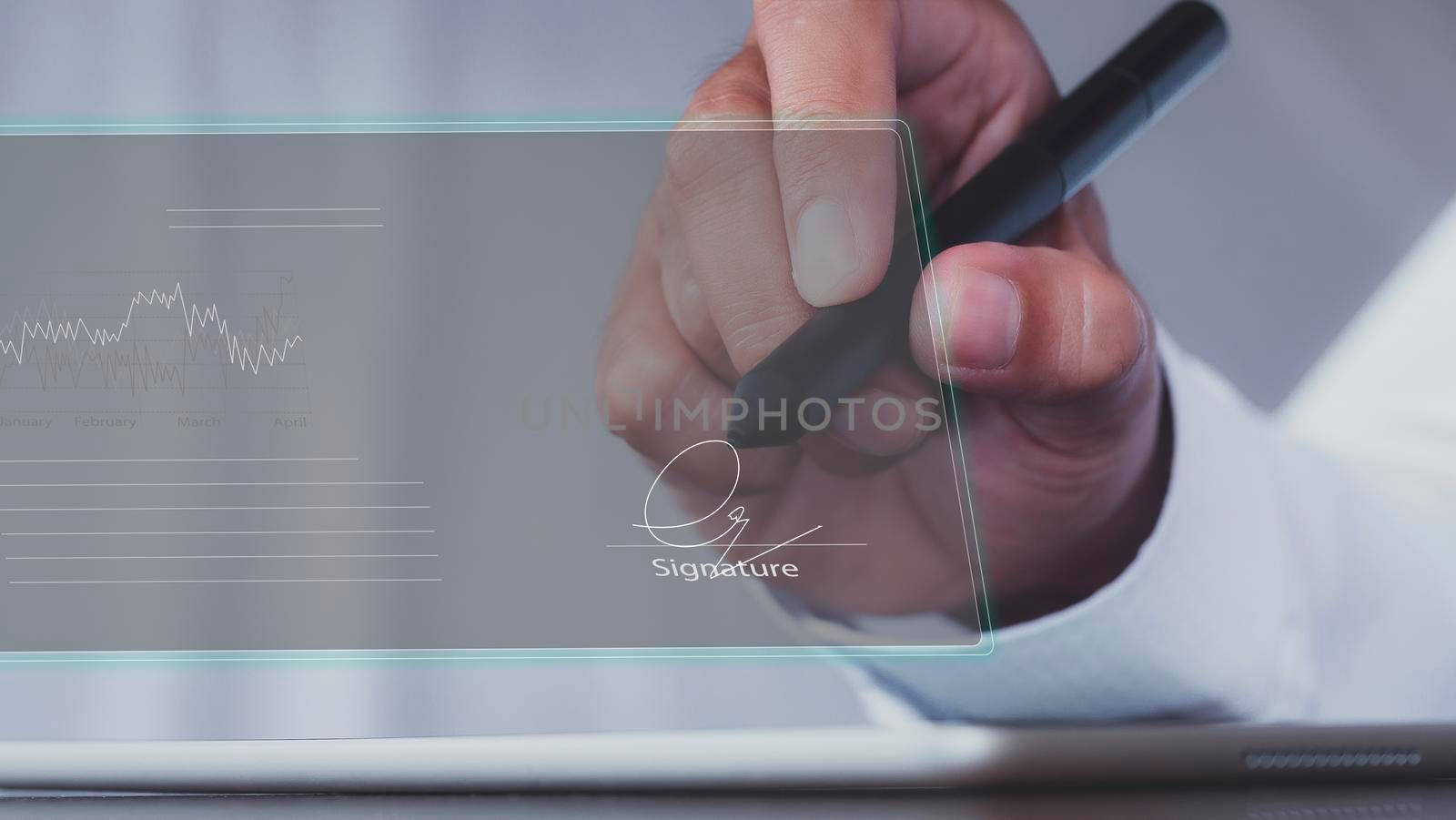 businessman use electronic pen sign signature on electronic  E-signing, data sheet document management, paperless office concept. Businessman using stylus pen signing e document on digital tablet.