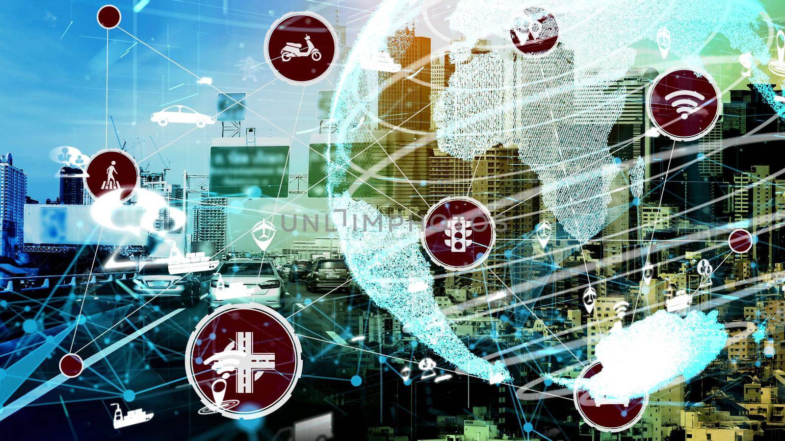 Smart transport technology concept for future car traffic on newish city road . Virtual intelligent system makes digital information analysis to connect data of vehicle on city street .
