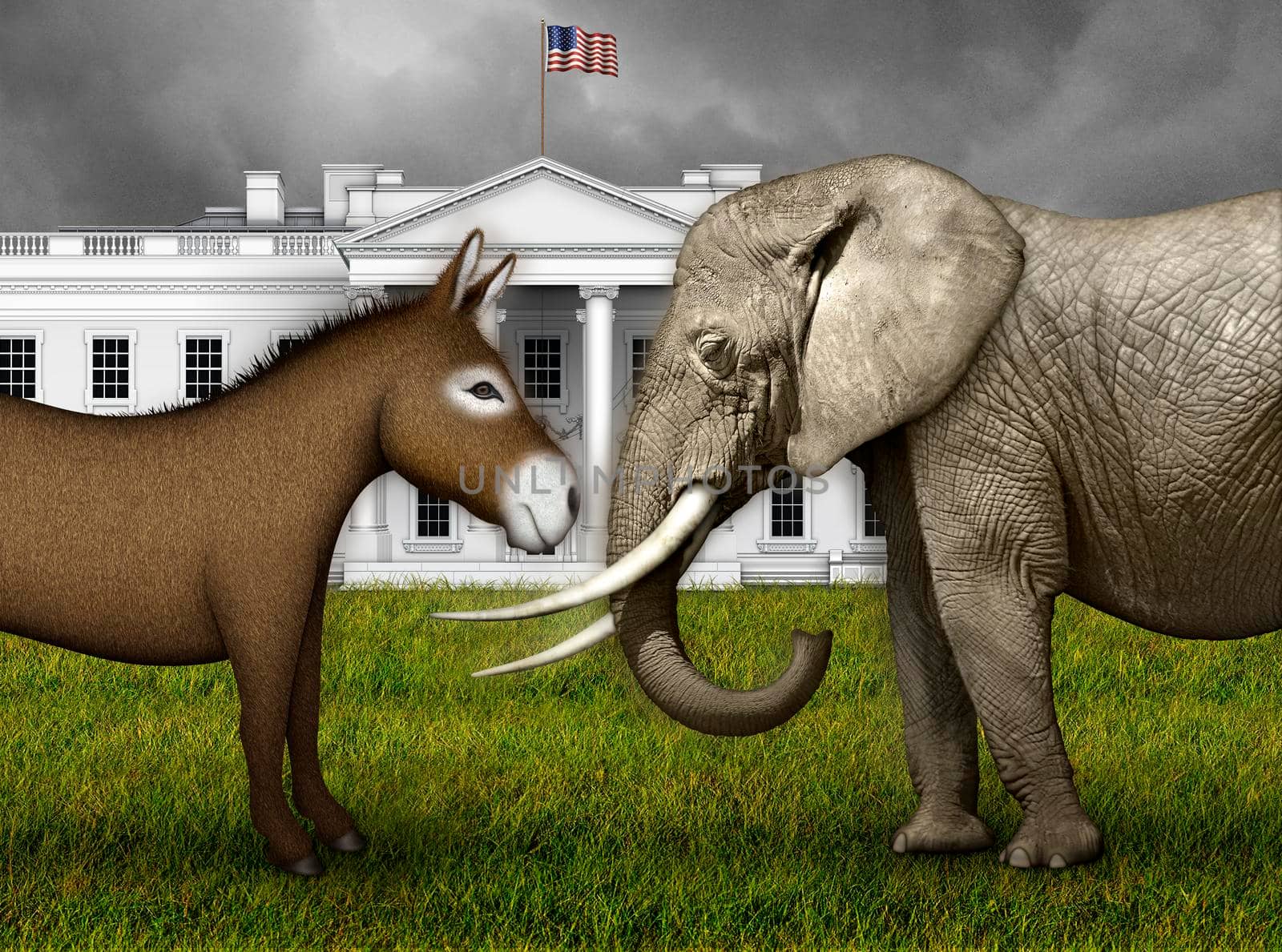 Donkey and Elephant ready for battle on the lawn in front of the north side of the White House. 3D Illustration