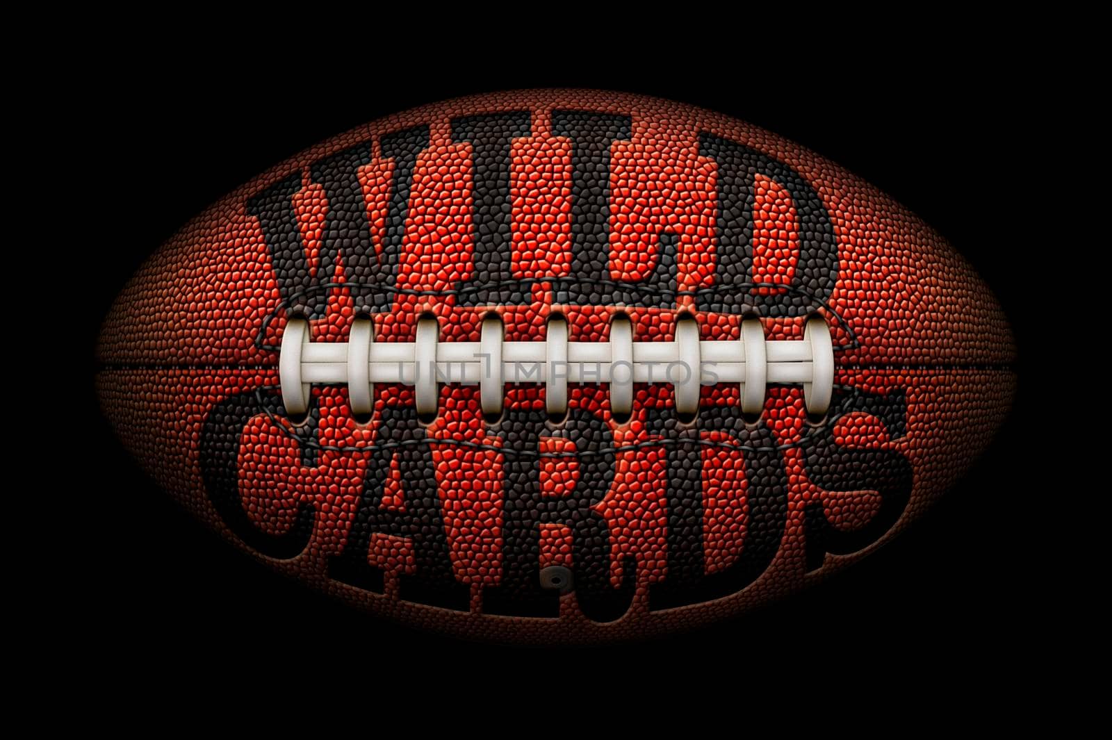 Football against a black background with WILD CARDS embossed onto it. 3D Illustration