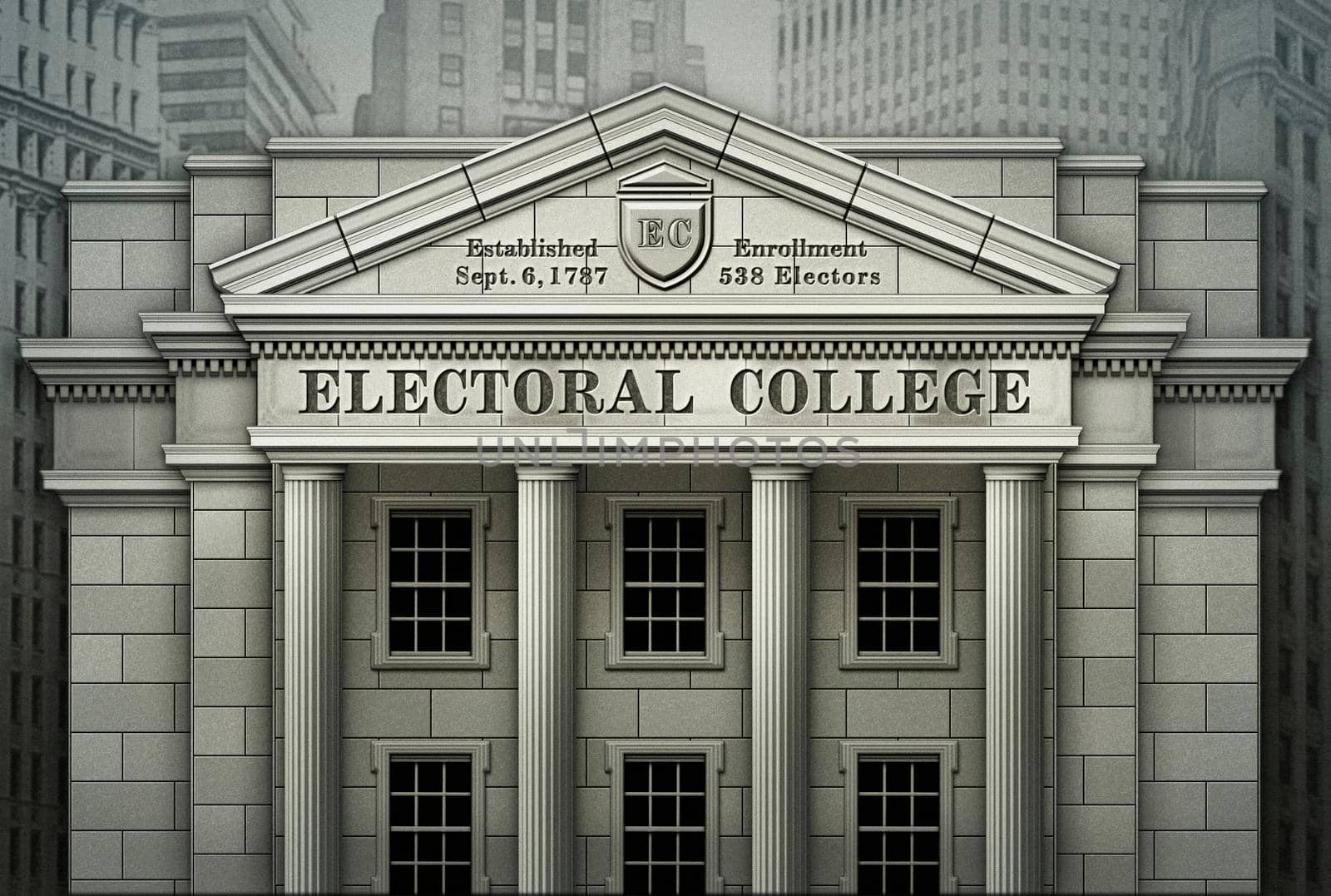 Electoral College system presented as a real physical college building. 3D and Photo Illustration