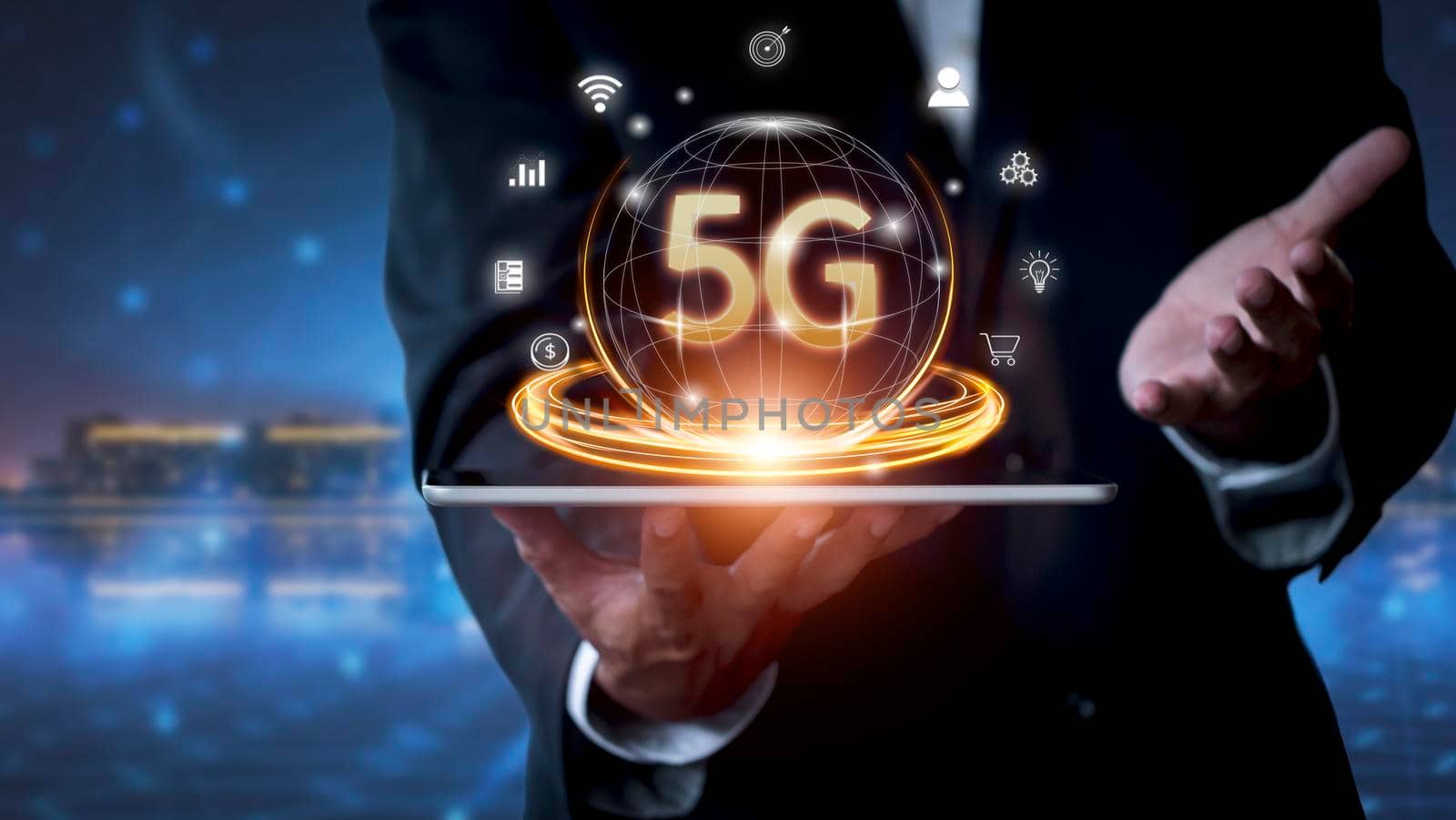 Hand of business man hold tablet connect network 5G with icon concept, technology network wireless systems and internet of things, new technologies coming up in the future. Network connection 5G