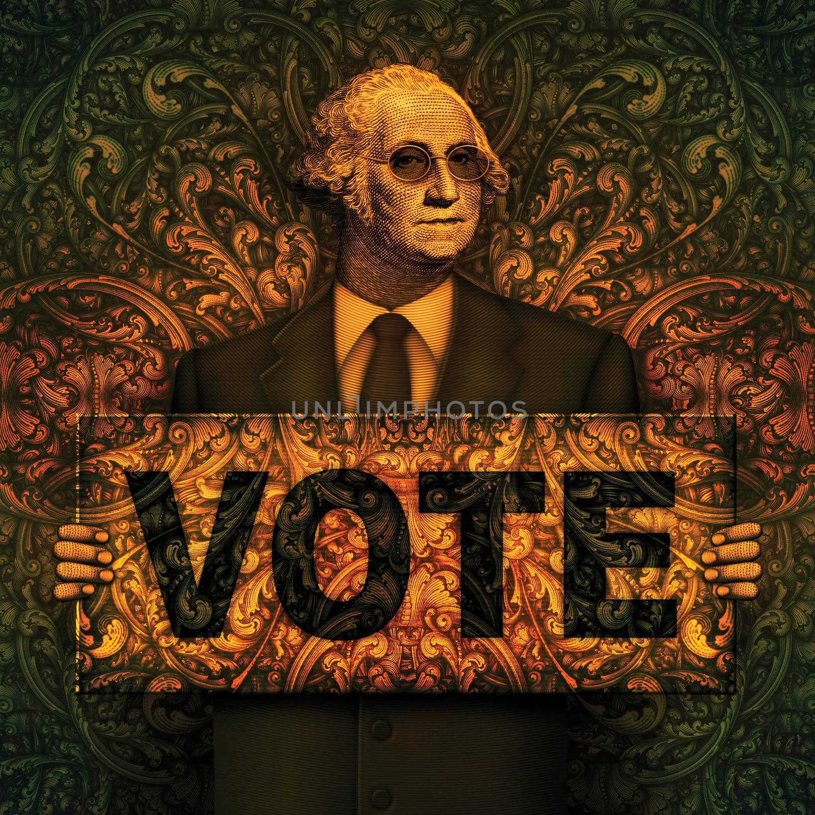 Photo illustration of a VOTE sign being held by George Washington from the one dollar bill. 3D Illustration
