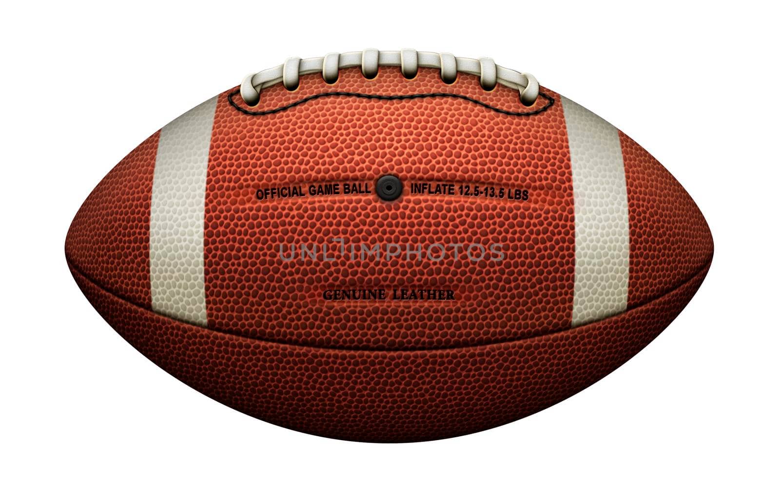 An american football with the typical white stripes, air valve, and the laces positioned at top; Isolated from the background. Includes a clipping path.