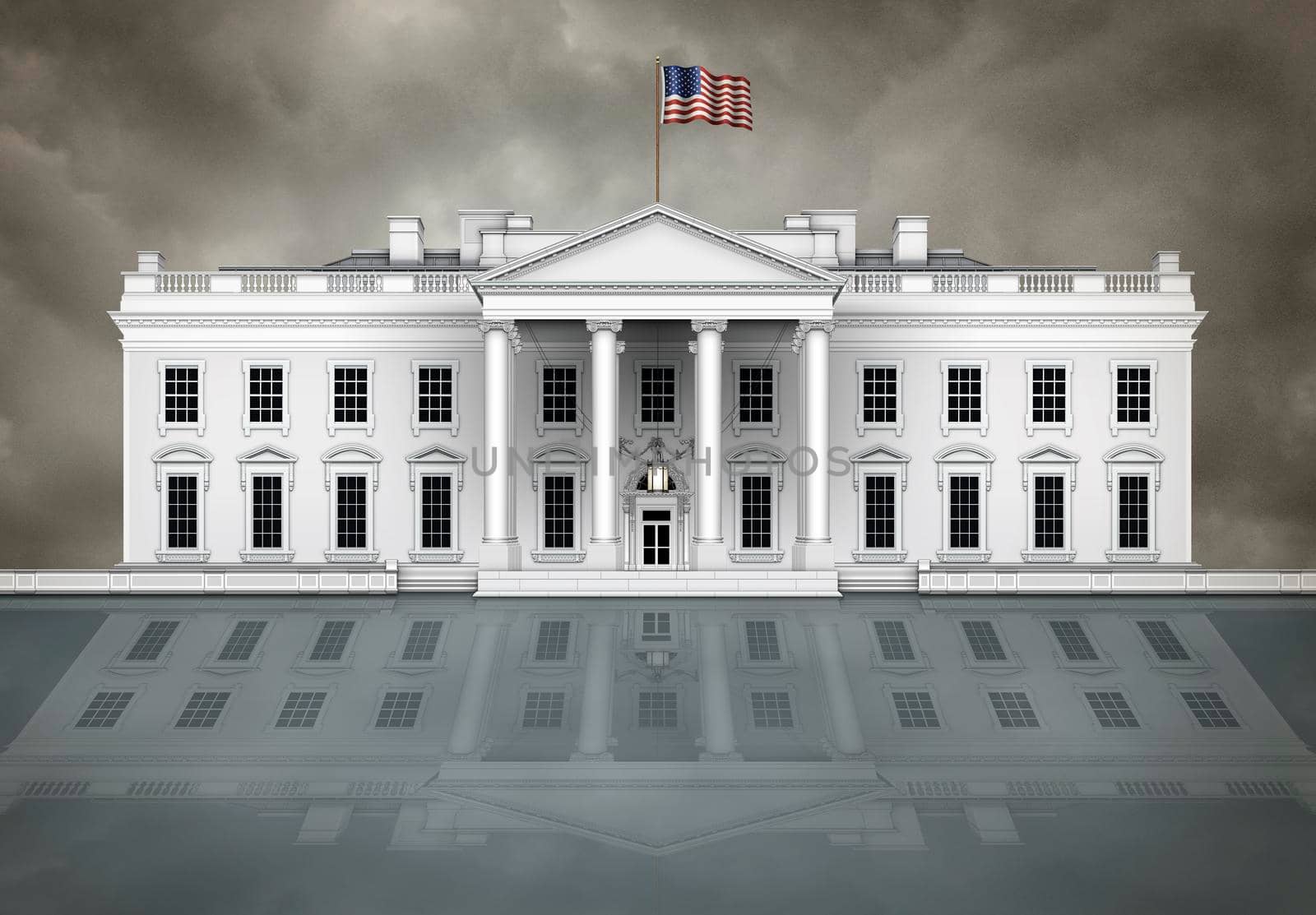 North view of the White House, with waving flag and cloudy sky, on a reflective surface that could be glass or water.  3D Illustration
