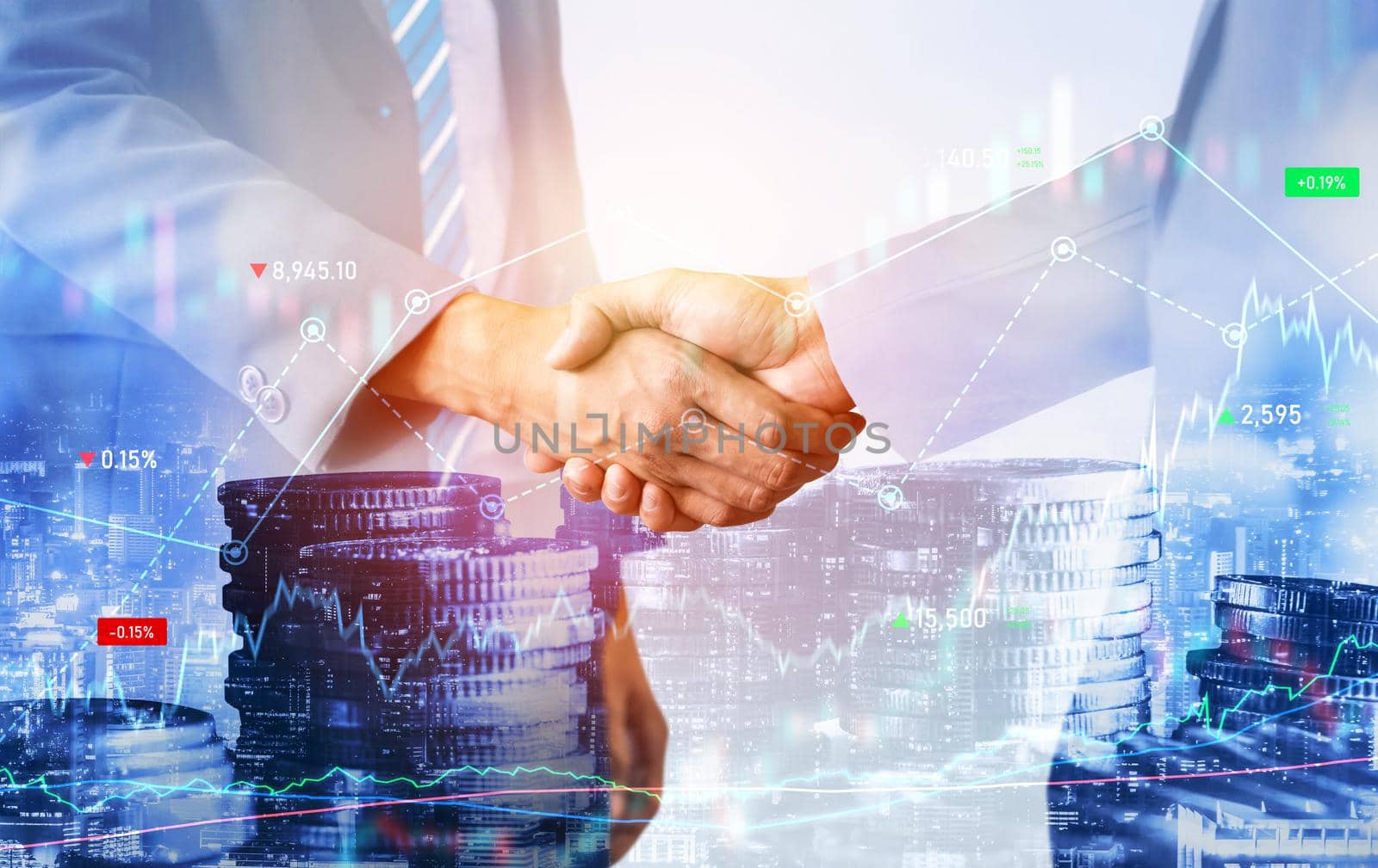 Business handshake on finance prosperity and money technology asset background . Economy and financial growth by investment in valuable stock market to gain wealth profit form currency trading