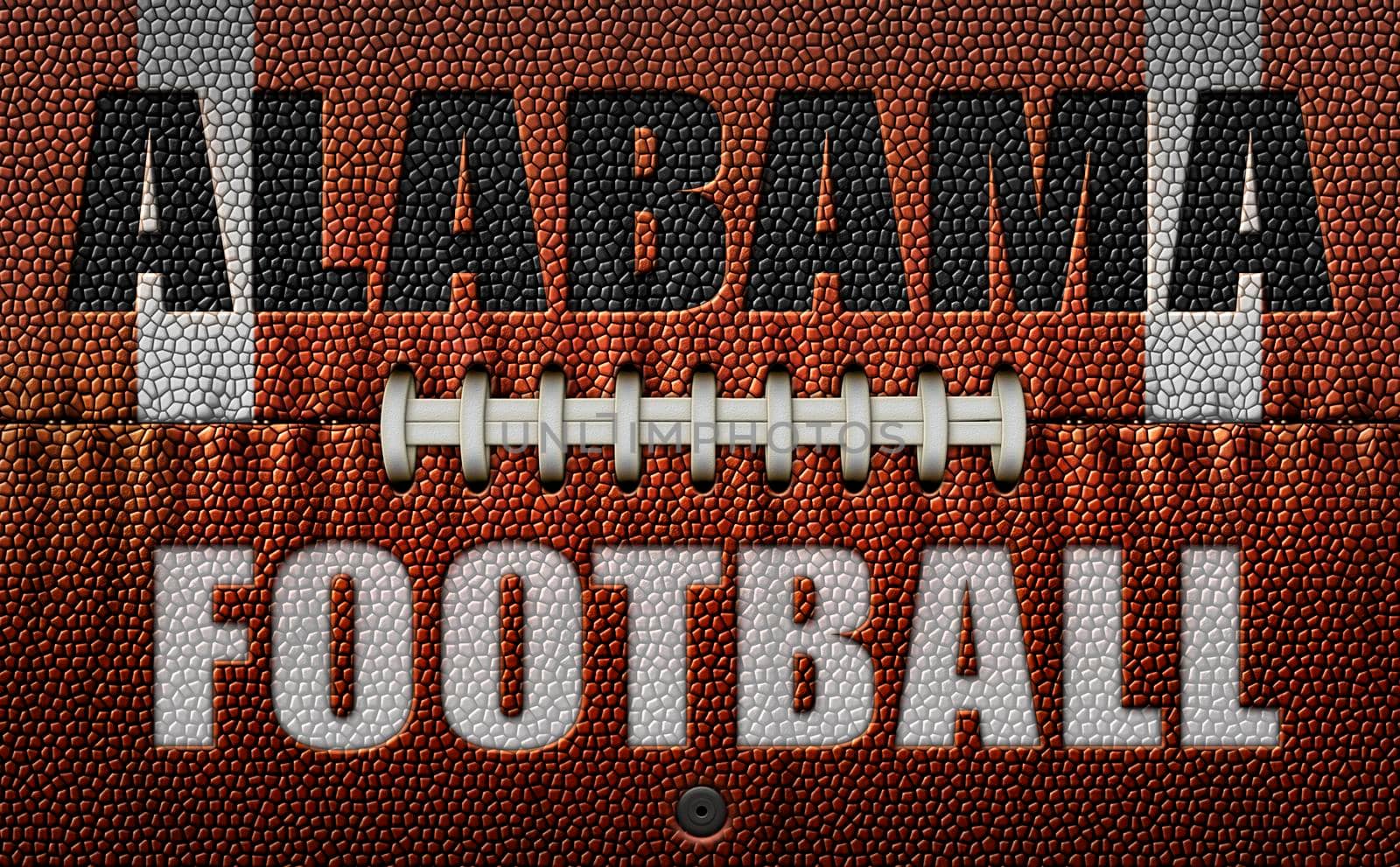 The words, Alabama Football, embossed onto a football flattened into two dimensions. 3D Illustration