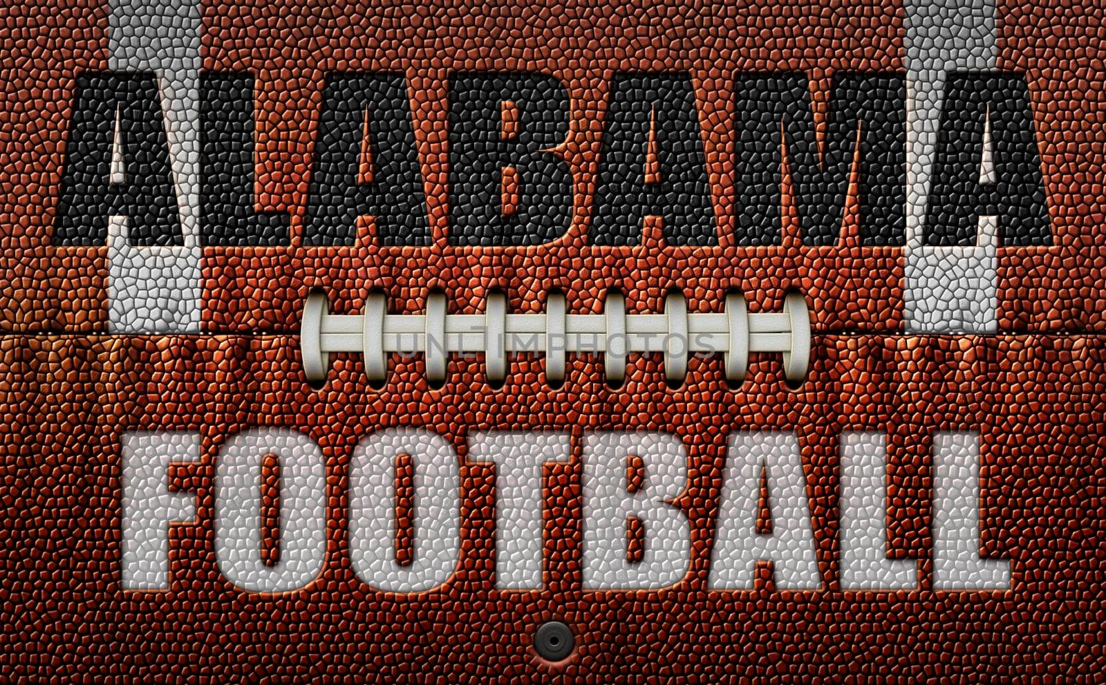 The words, Alabama Football, embossed onto a football flattened into two dimensions. 3D Illustration