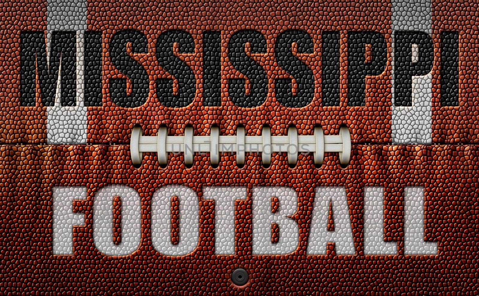 The words, Mississippi Football, embossed onto a football flattened into two dimensions. 3D Illustration