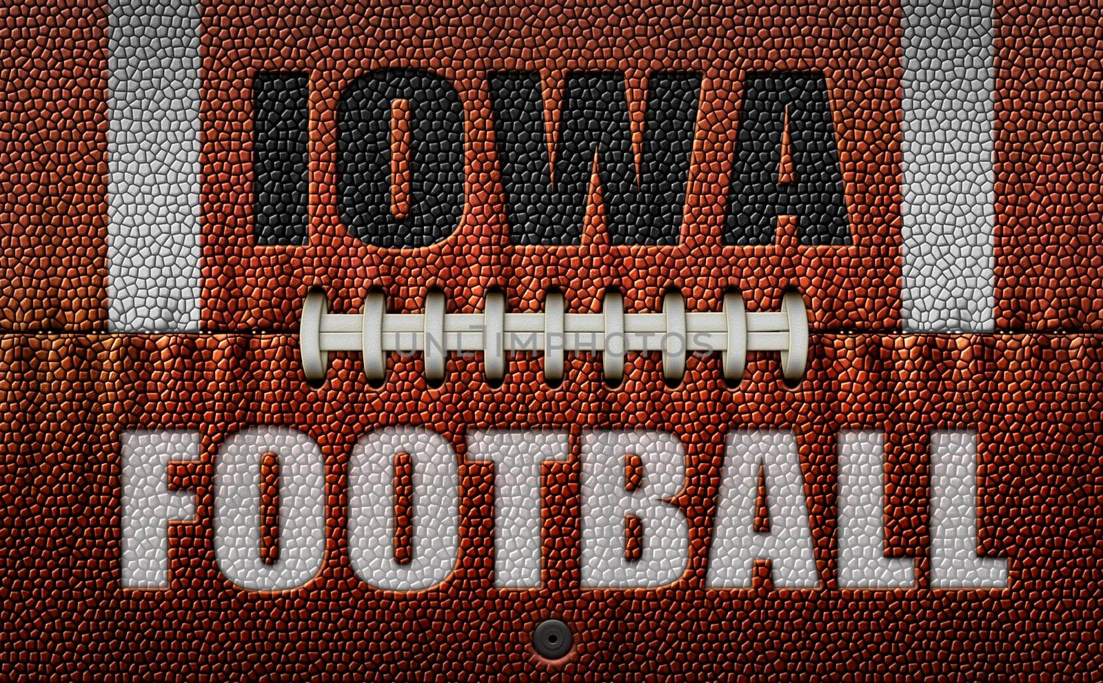 The words, Iowa Football, embossed onto a football flattened into two dimensions. 3D Illustration