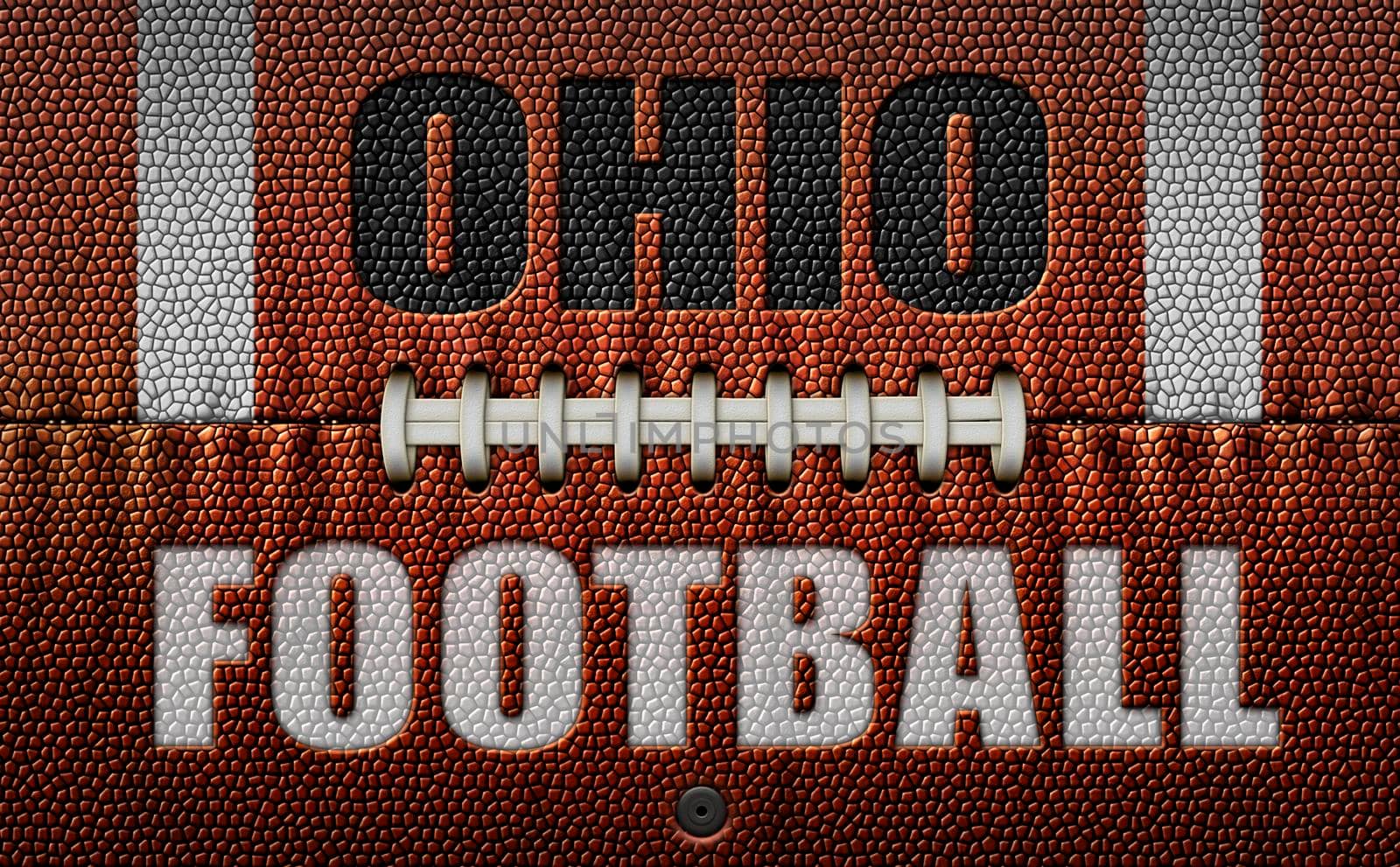 The words, Ohio Football, embossed onto a football flattened into two dimensions. 3D Illustration