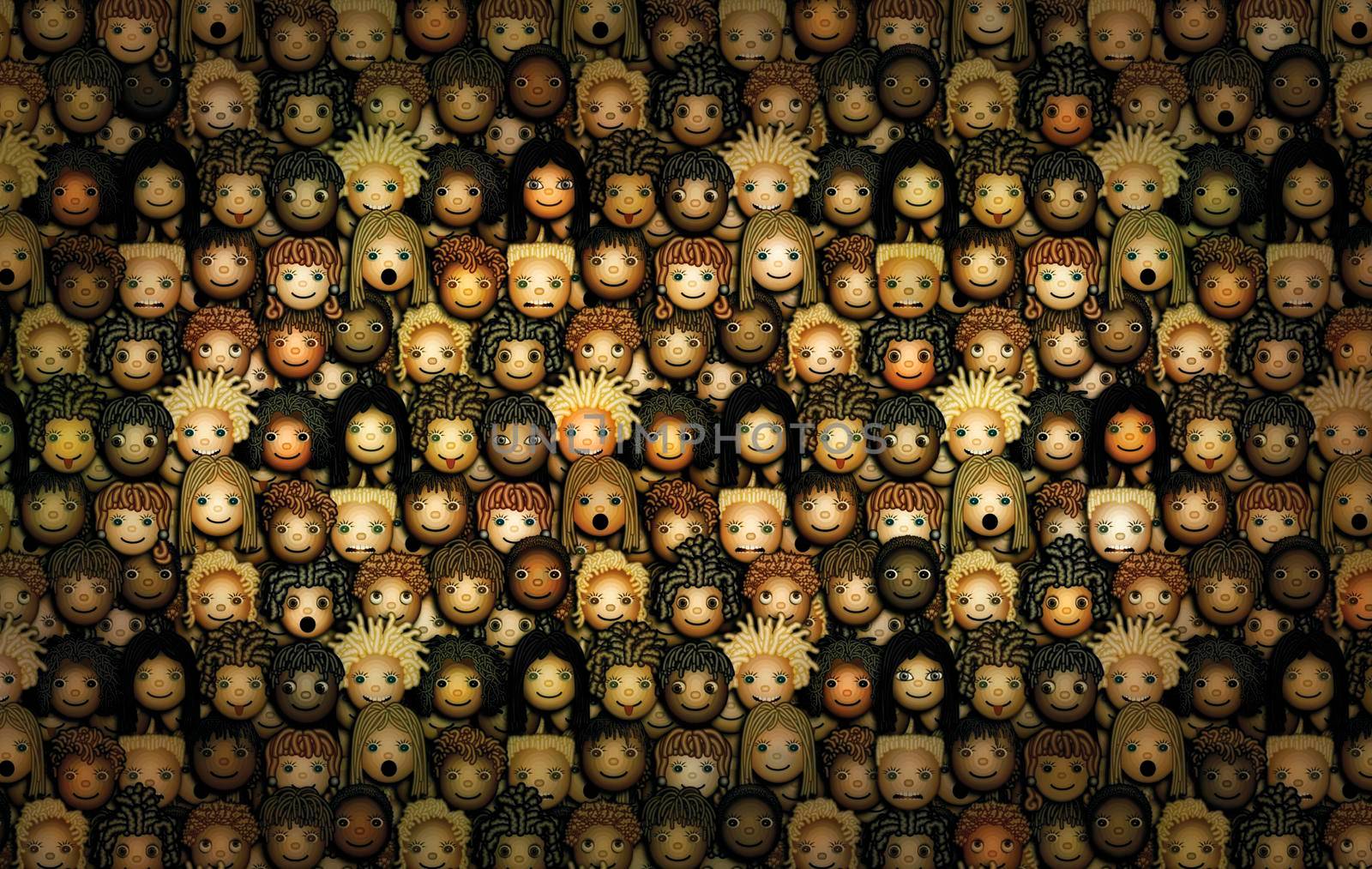 Multiracial kid’s heads are placed side by side, filling the entire image. 3D Illustration