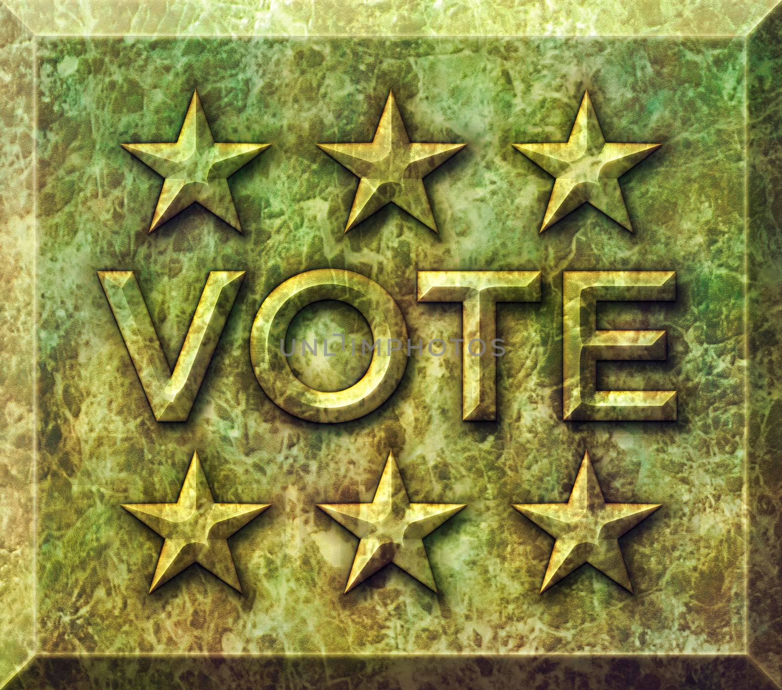 Horizontal green and yellow marble stone with the word VOTE and stars carved in stone.  3D Illustration
