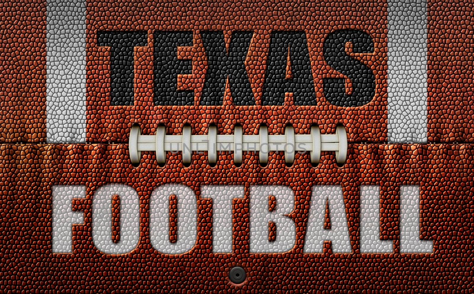 The words, Texas Football, embossed onto a football flattened into two dimensions. 3D Illustration
