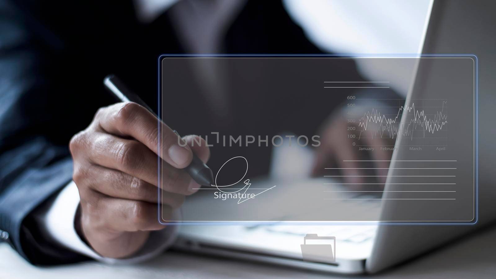 businessman use electronic pen sign signature on electronic  E-signing, data sheet document management, paperless office concept. Businessman using stylus pen signing e document on digital tablet.