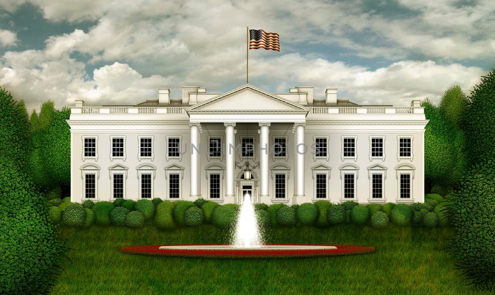 North view of the White House, including shrubs, trees, the south lawn, and fountain. 3D Illustration