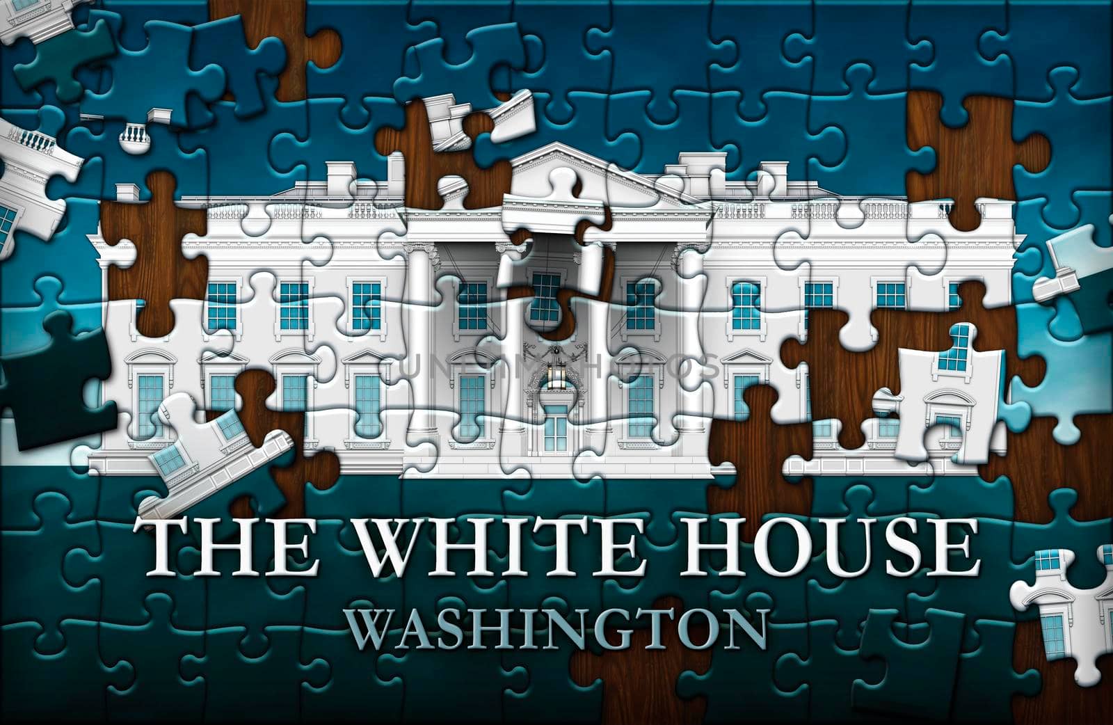Unfinished  Puzzle of the north view of the White House against a bluy sky with the words, THE WHITE HOUSE, WASHINGTON.  3D Illustration