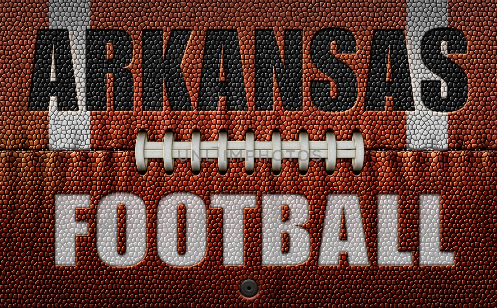 The words, Arkansas Football, embossed onto a football flattened into two dimensions. 3D Illustration
