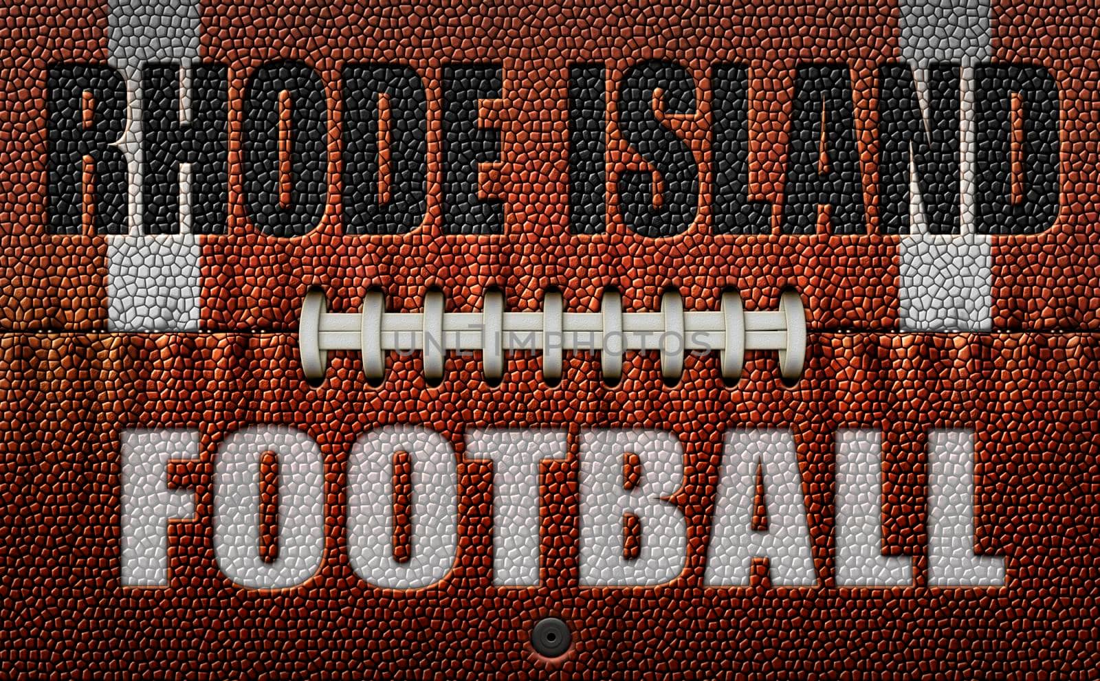 The words, Rhode Island Football, embossed onto a football flattened into two dimensions. 3D Illustration