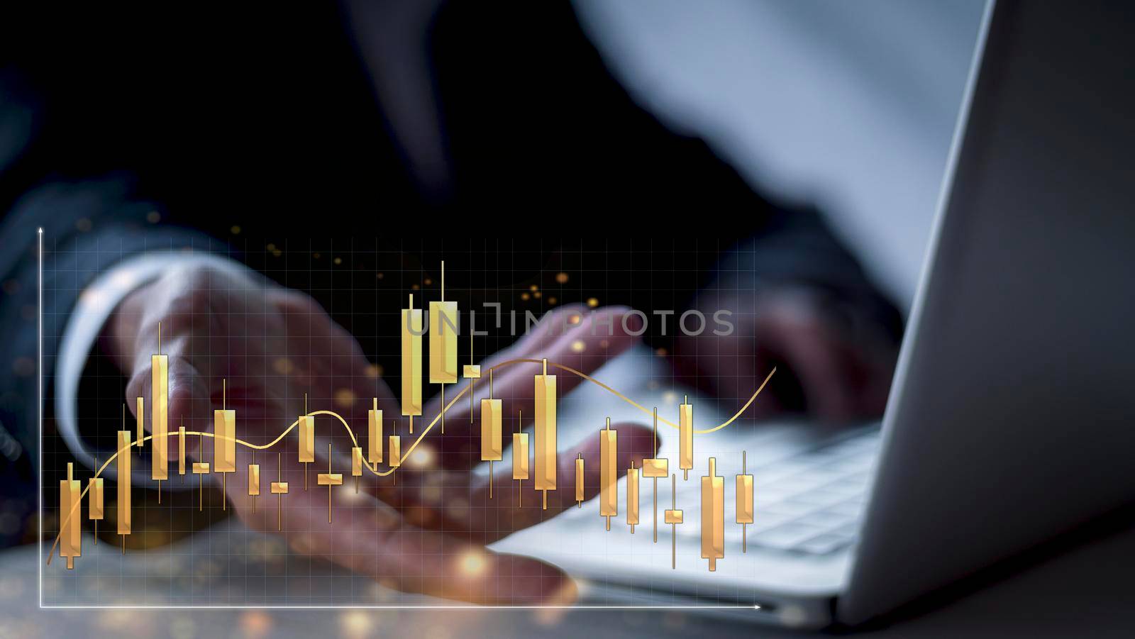 Businessman show golden stock market bar chart grow up to target. Business finance concept. Businessman's hands Show success graph, stocks grow every year 